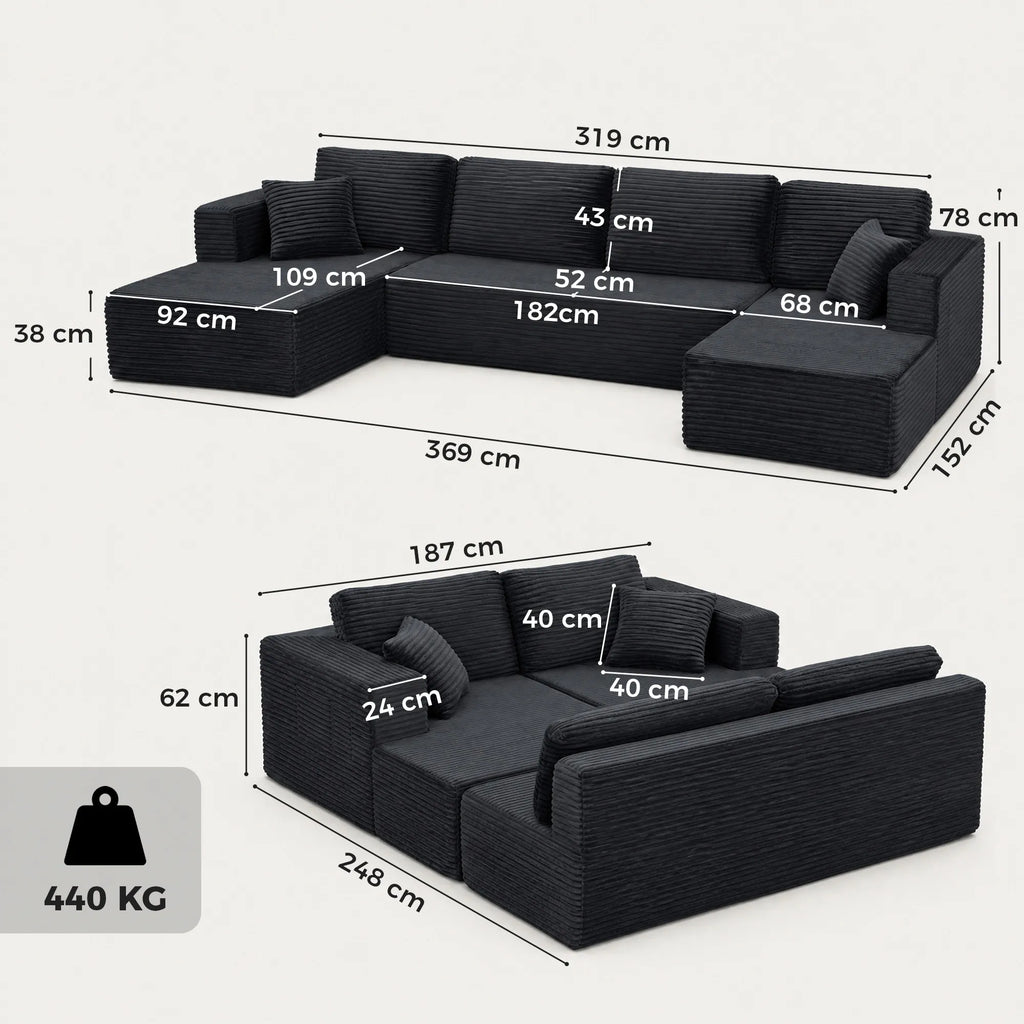 Modulinė U formos sofa su 2 šezlongais, tamsiai pilka