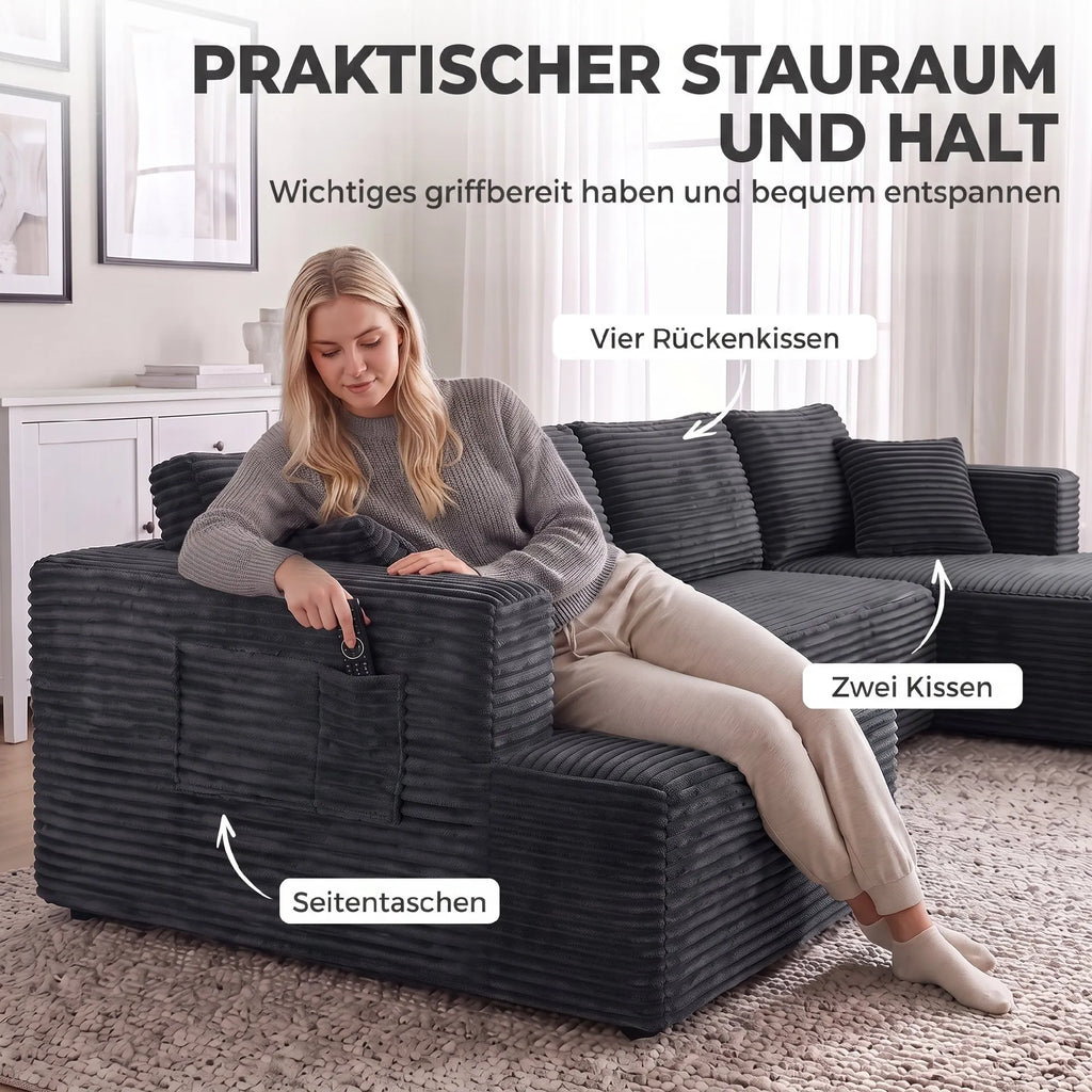 Modulinė U formos sofa su 2 šezlongais, tamsiai pilka