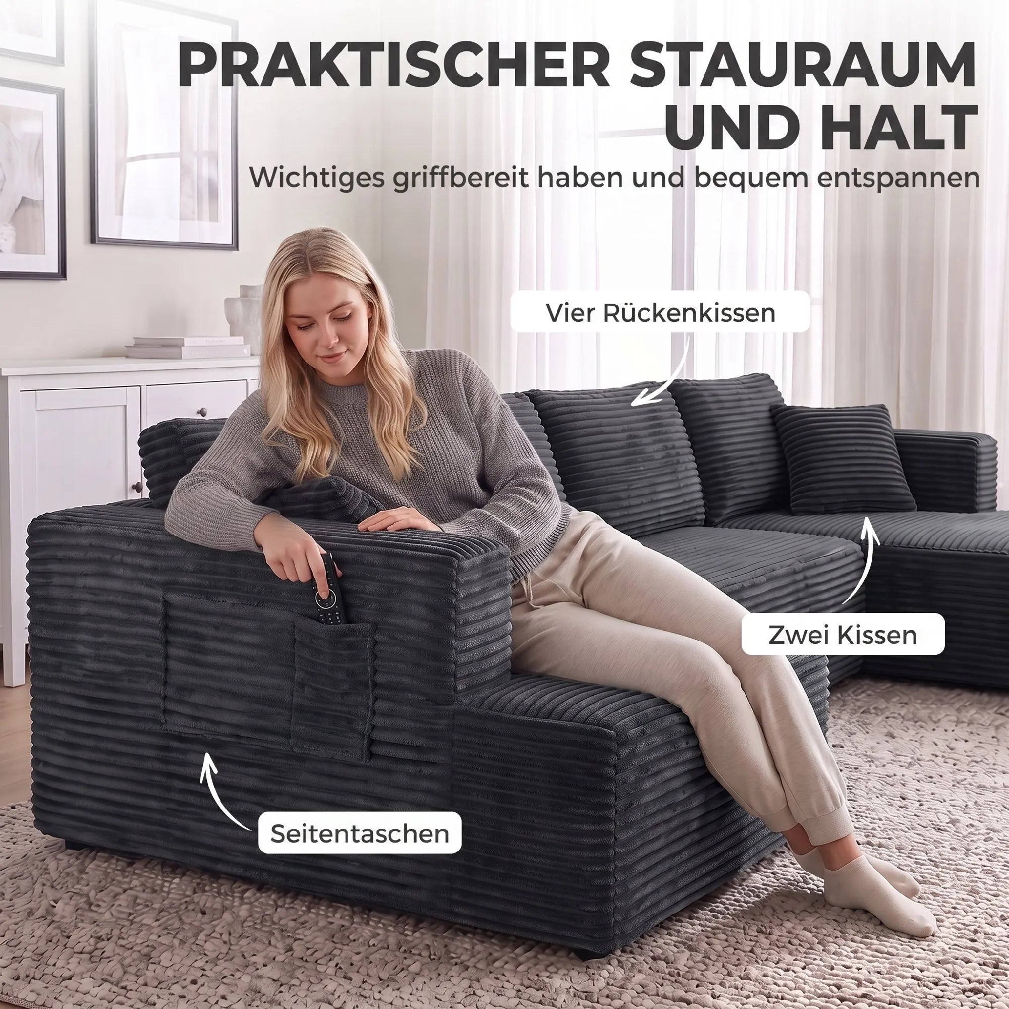 Modulinė U formos sofa su 2 šezlongais, tamsiai pilka