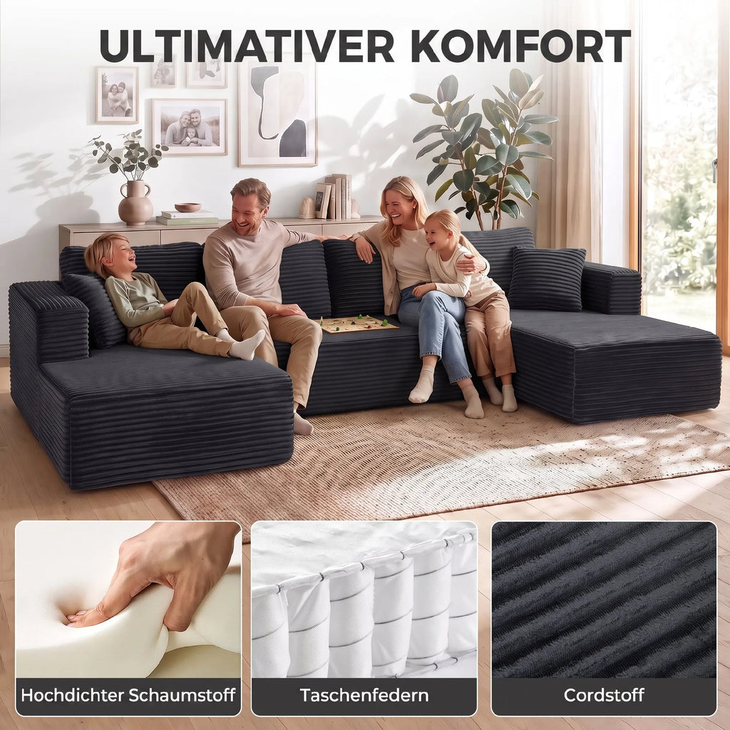 Modulinė U formos sofa su 2 šezlongais, tamsiai pilka