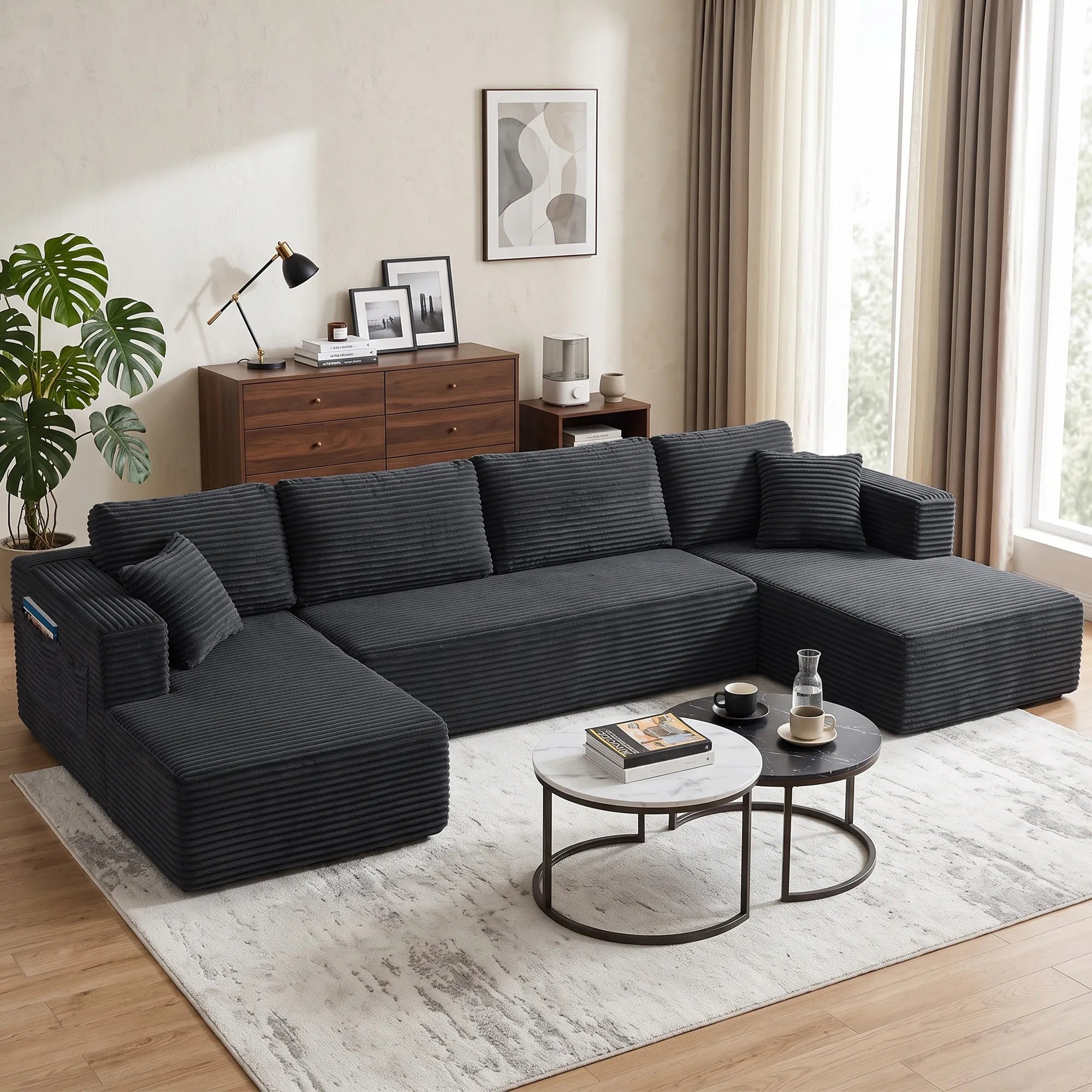 Modulinė U formos sofa su 2 šezlongais, tamsiai pilka