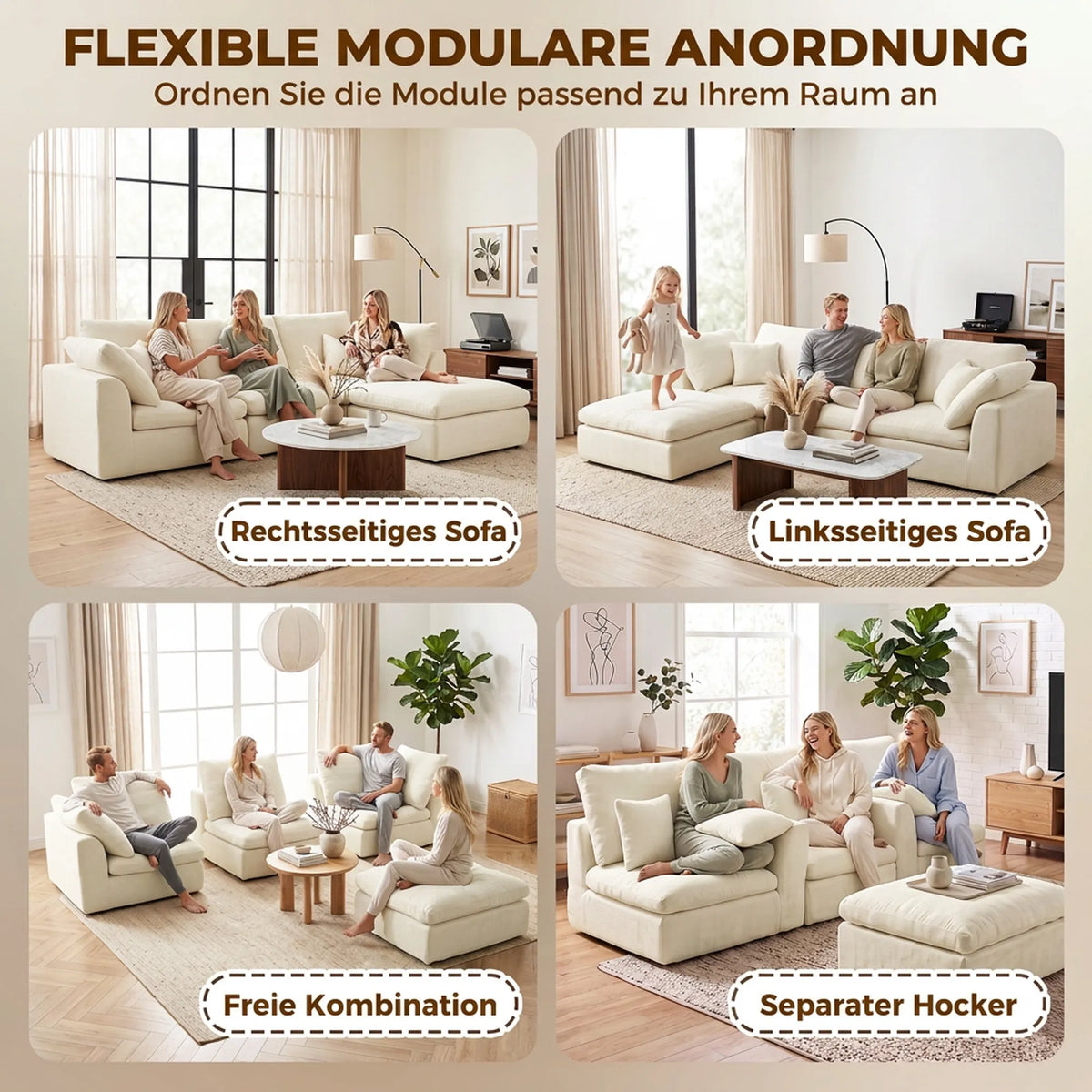 Modulinis minkštas kampas, L formos, su perstatomu pufu, kreminės baltos spalvos