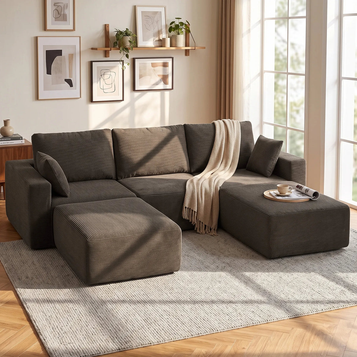 Modulinis U formos minkštas kampas, 287 cm, chaki