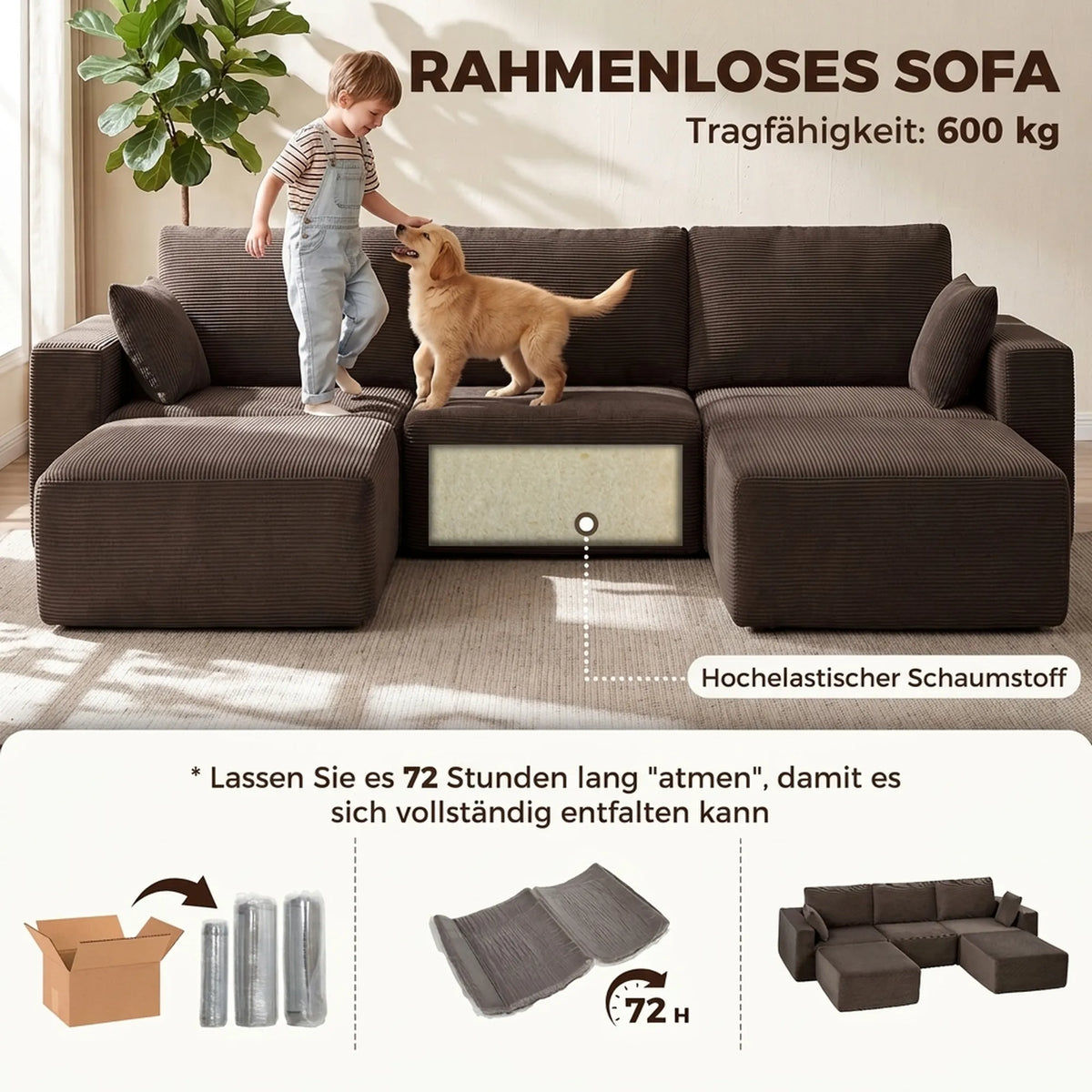 Modulinis U formos minkštas kampas, 287 cm, chaki