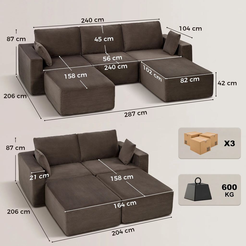 Modulinis U formos minkštas kampas, 287 cm, chaki