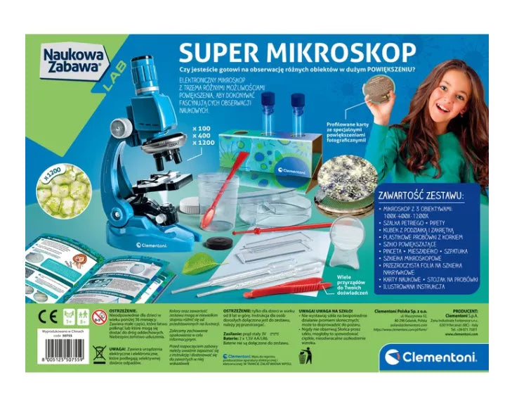 Mikroskopo rinkinio pakuotės dėžės galinė pusė su sudėties sąrašu