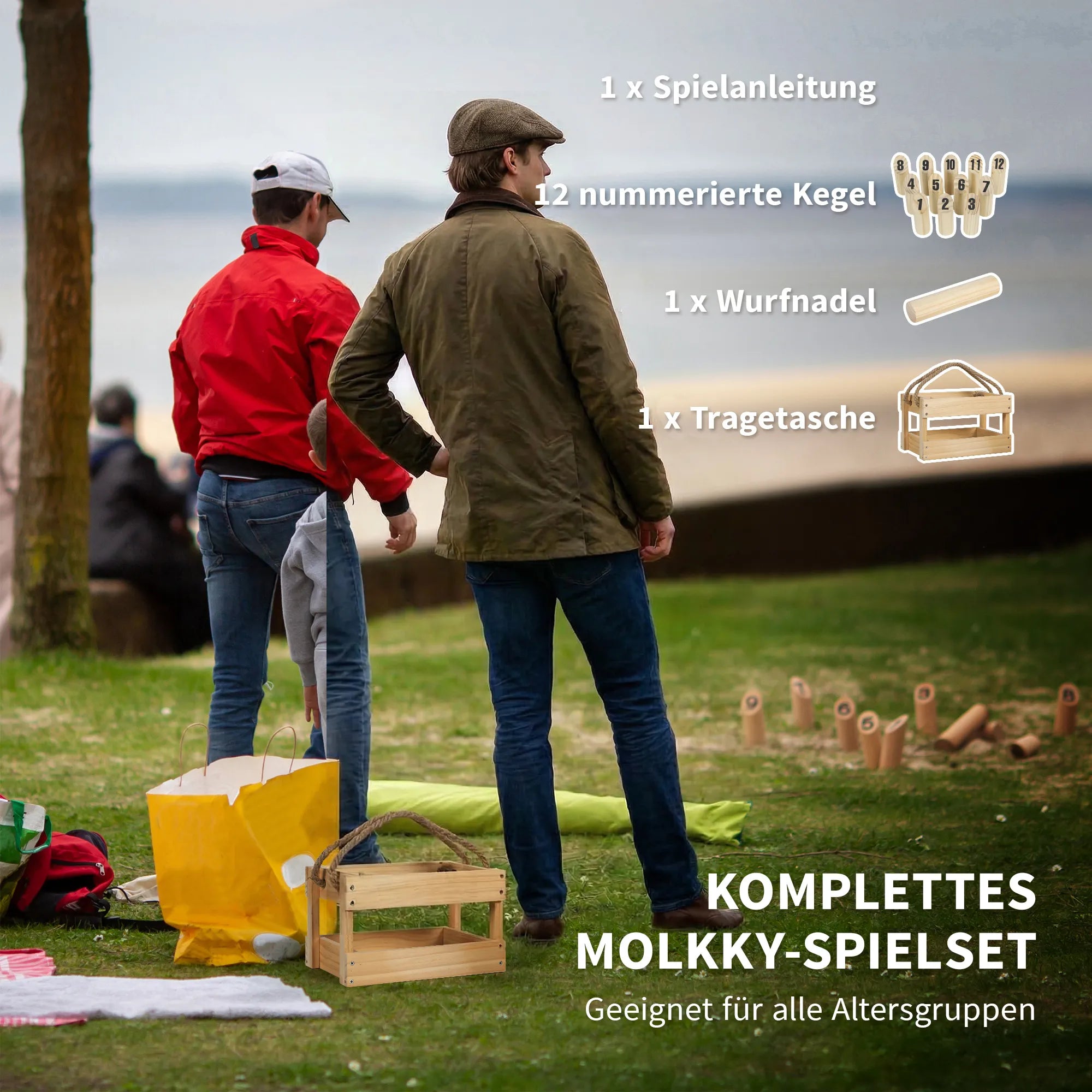 Infografika, vaizduojanti žaidimo komplekto sudėtį: kėgliai, lazdelė ir krepšys