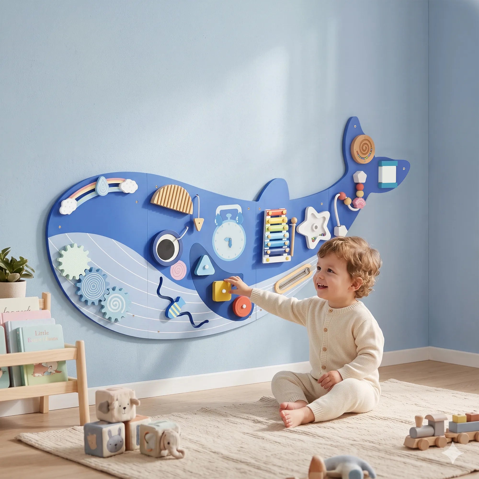Montessori motorikos lenta 13-in-1, banginio formos medinė veiklos lenta, mėlyna