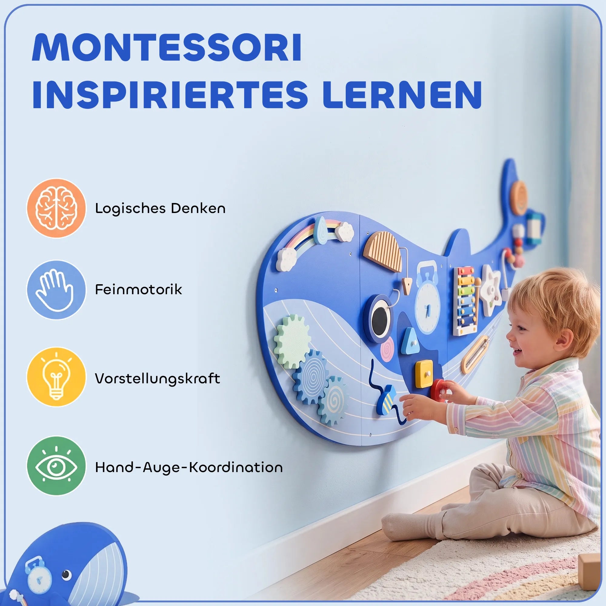 Montessori motorikos lenta 13-in-1, banginio formos medinė veiklos lenta, mėlyna