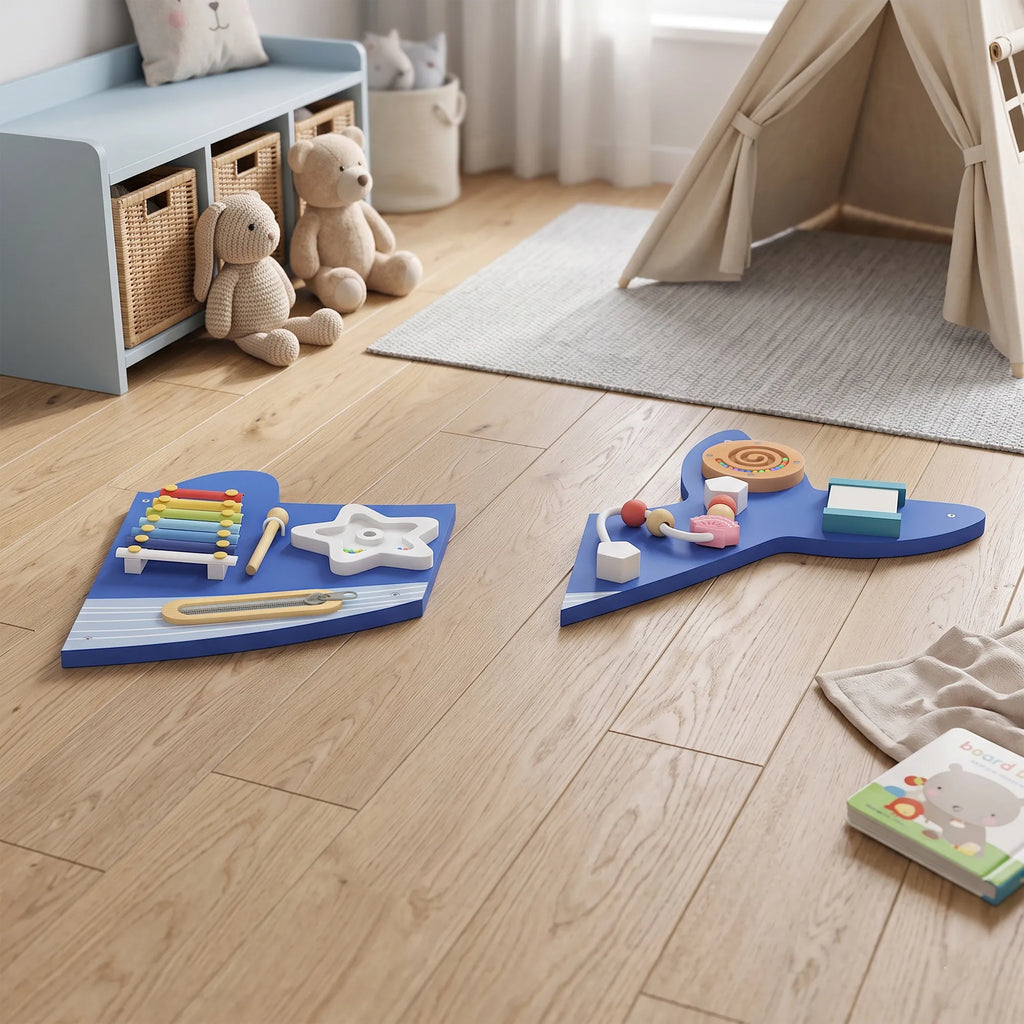 Montessori motorikos lenta 13-in-1, banginio formos medinė veiklos lenta, mėlyna