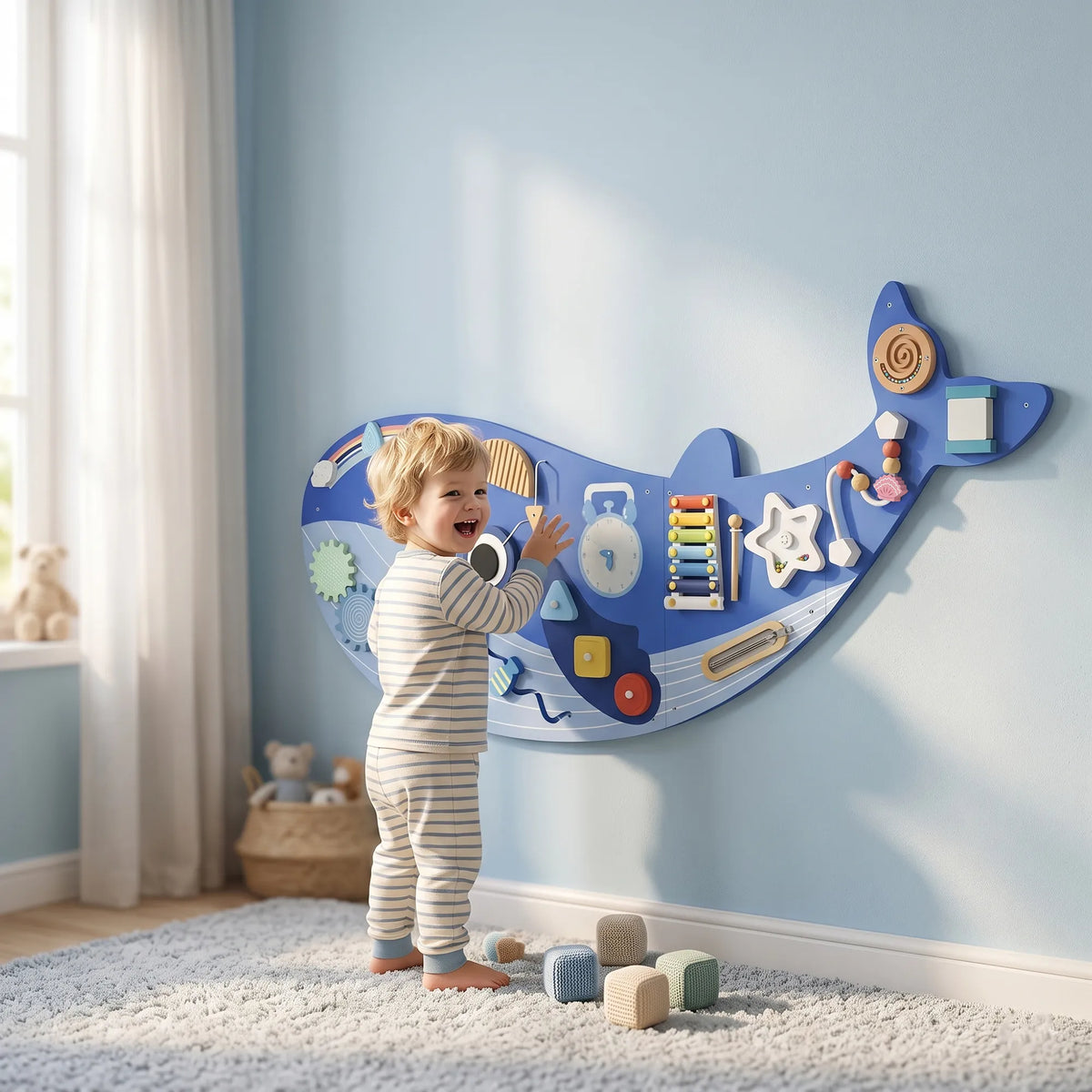 Montessori motorikos lenta 13-in-1, banginio formos medinė veiklos lenta, mėlyna