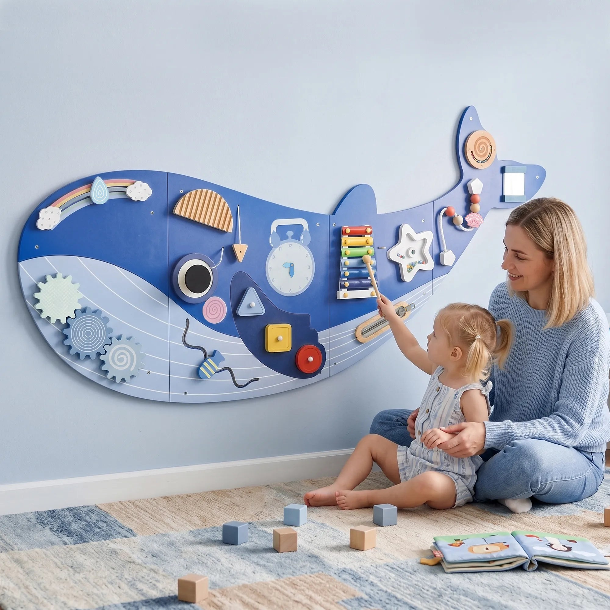 Montessori motorikos lenta 13-in-1, banginio formos medinė veiklos lenta, mėlyna