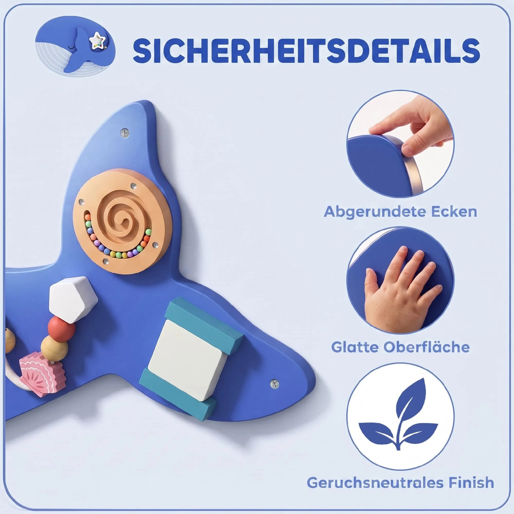 Montessori motorikos lenta 13-in-1, banginio formos medinė veiklos lenta, mėlyna
