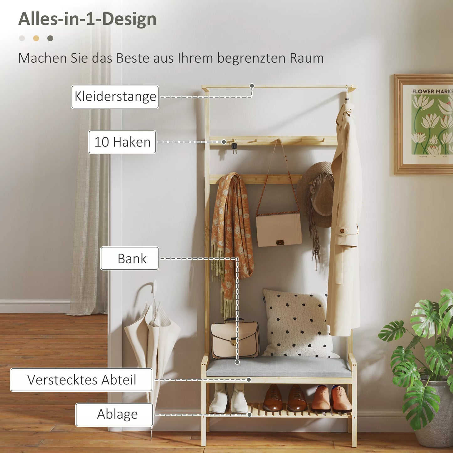 Drabužinė su batų suoliuku, drabužių kabykla, 10 drabužių kabliukų, batų lentyna, bambukas