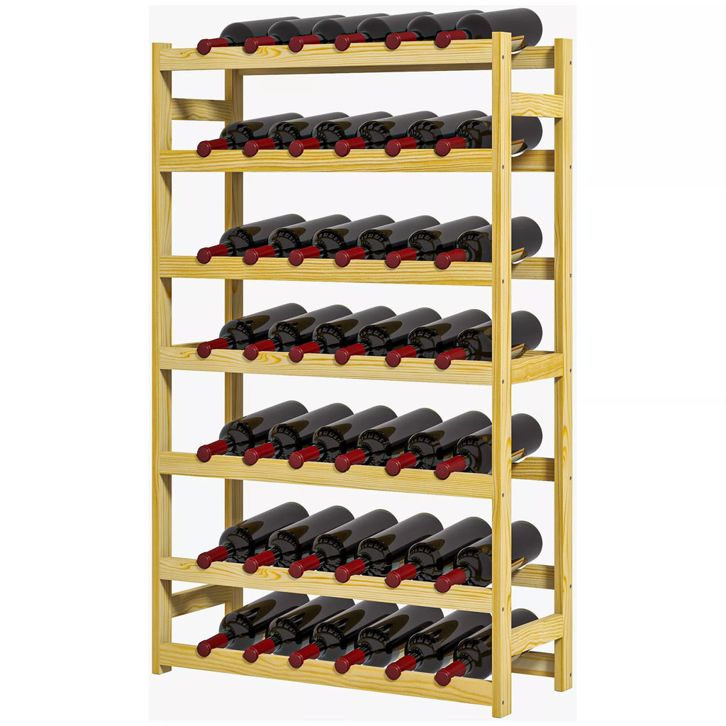 Vyno lentynėlė, 7 lygiai, 42 buteliams, apsauga nuo apvirsties, pušies mediena, 63x25x102 cm, natūralios spalvos