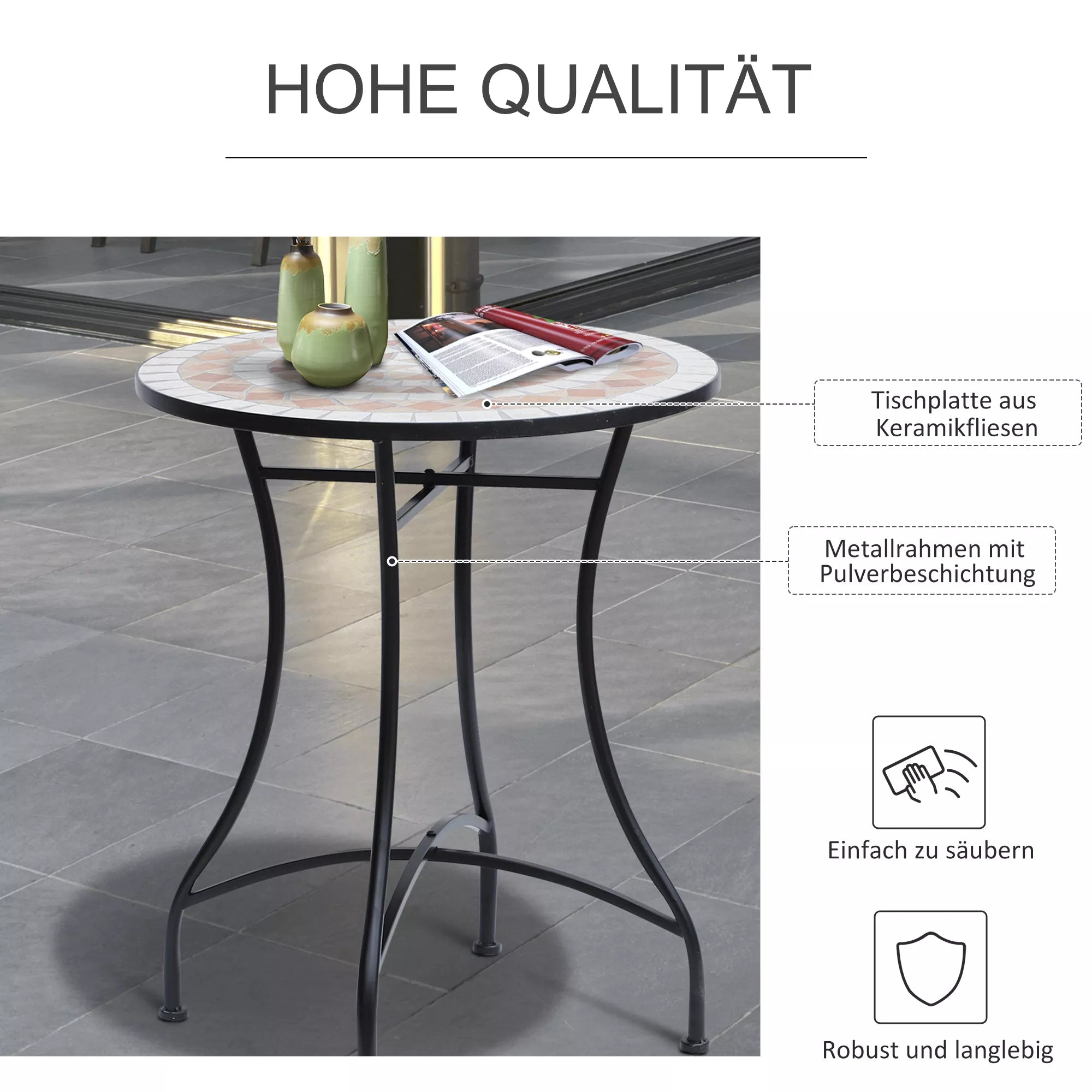 Sodo stalas mozaikinis stalas balkono stalas pagalbinis staliukas apvalus plienas + keramika oranžinė + balta Ø60 x H71 cm