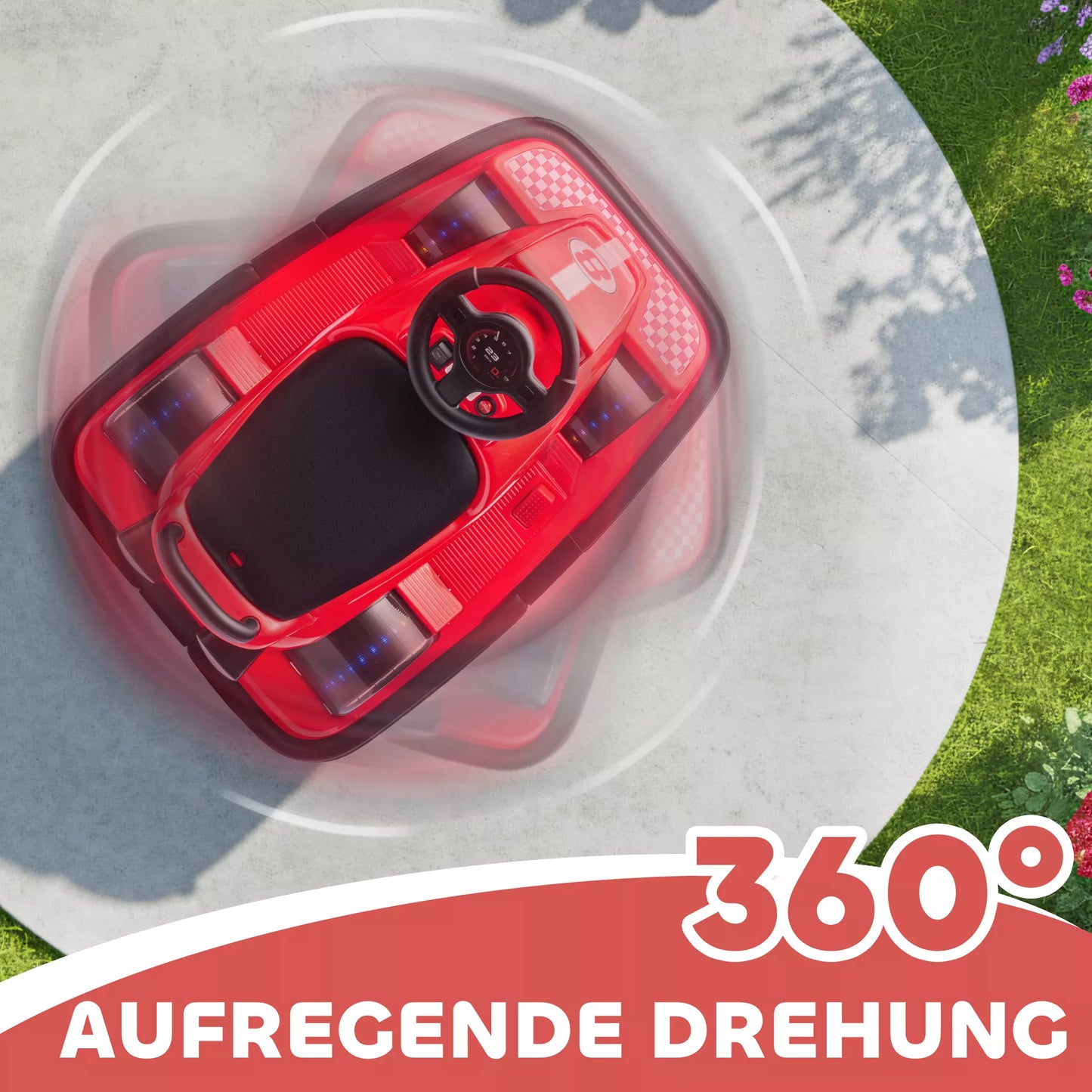 Vaikams skirtas automobiliukas, pasukamas 360 laipsnių kampu, vairas, LED lemputės, muzikos funkcija, 3–8 metai, raudonas