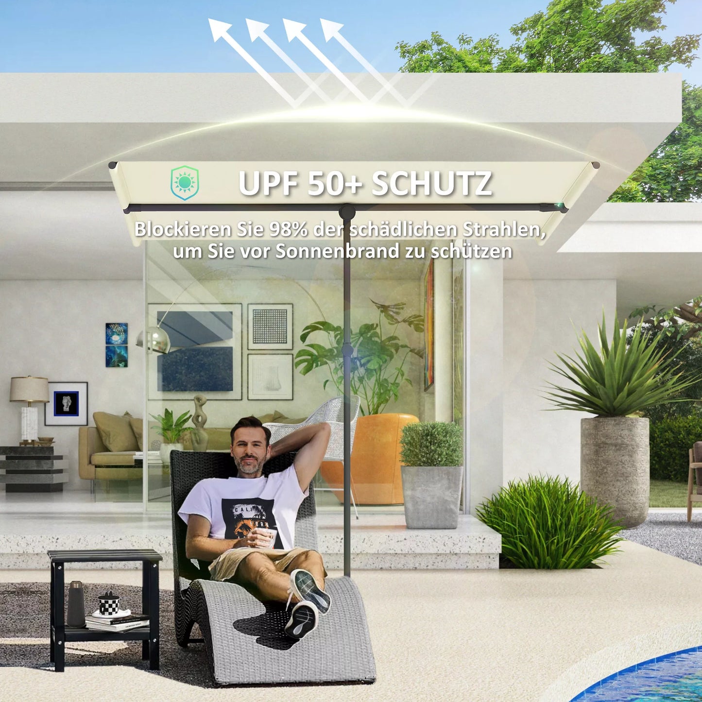 Skėtis nuo saulės 180 laipsnių pasukamas, reguliuojamo aukščio, sodinis skėtis su aliuminio stiebu 150x205cm smėlio spalvos