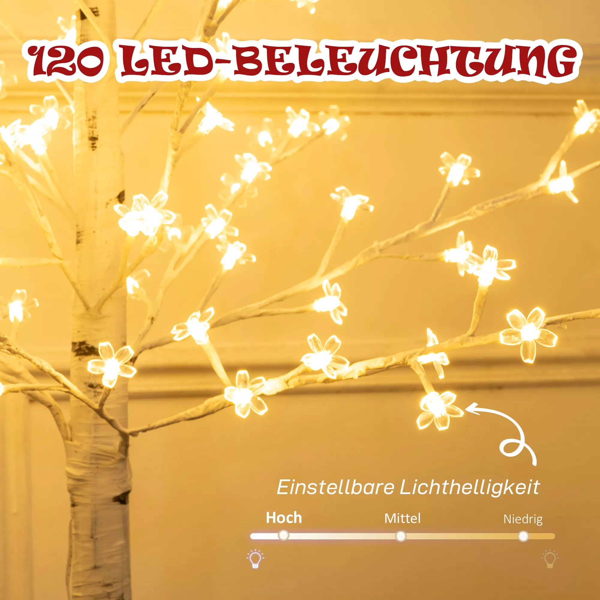 Dirbtinis vyšnių žiedų medis, su 120 LED, 3 ryškumo lygiai, šiltai baltas, su realistiška žieve, 21 x 21 x 150 cm