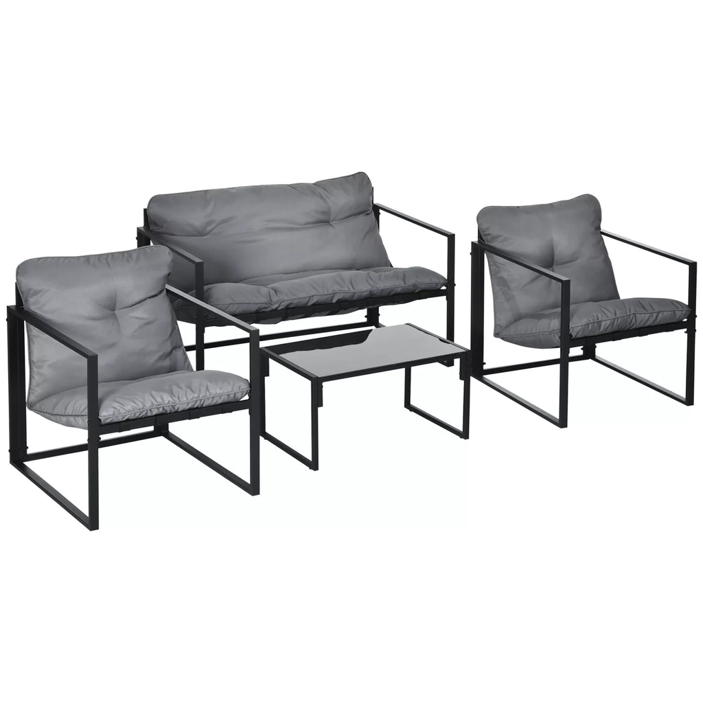 Sodo baldų komplektas: 1 stiklinis stalas, 2 foteliai, 1 sofa, atsparus oro sąlygoms, 114 cm x 70 cm x 67 cm, pilkos ir juodos spalvos