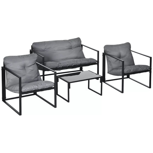 Sodo baldų komplektas: 1 stiklinis stalas, 2 foteliai, 1 sofa, atsparus oro sąlygoms, 114 cm x 70 cm x 67 cm, pilkos ir juodos spalvos