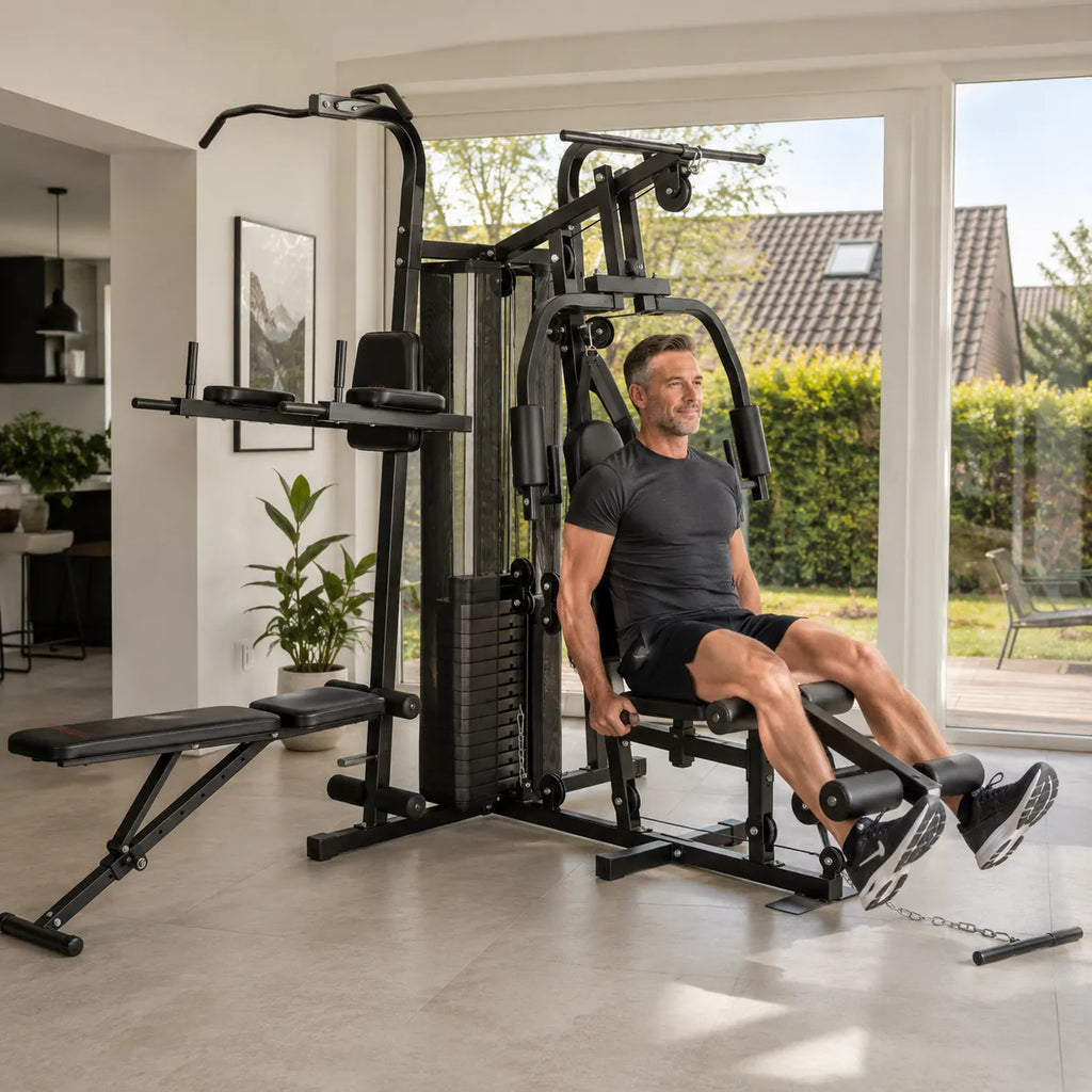 Multifunkcinė jėgos stotis, treniruoklis su svoriais iki 120 kg, juoda