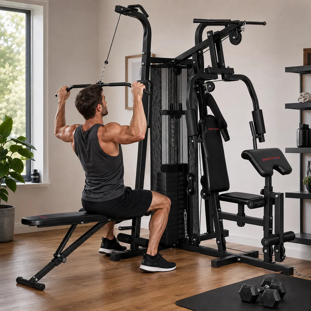 Multifunkcinė jėgos stotis, treniruoklis su svoriais iki 120 kg, juoda