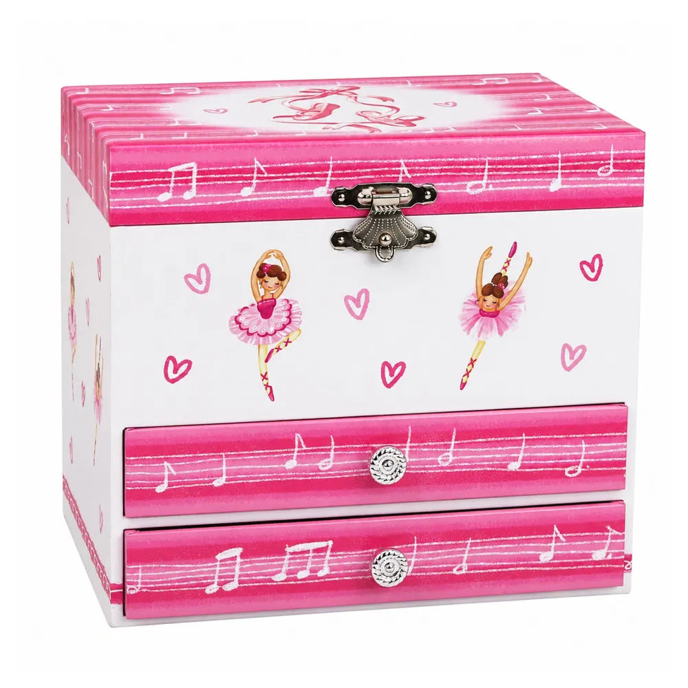 Muzikinė papuošalų dėžutė su balerina, 16 × 18 × 14 cm, balta ir rožinė