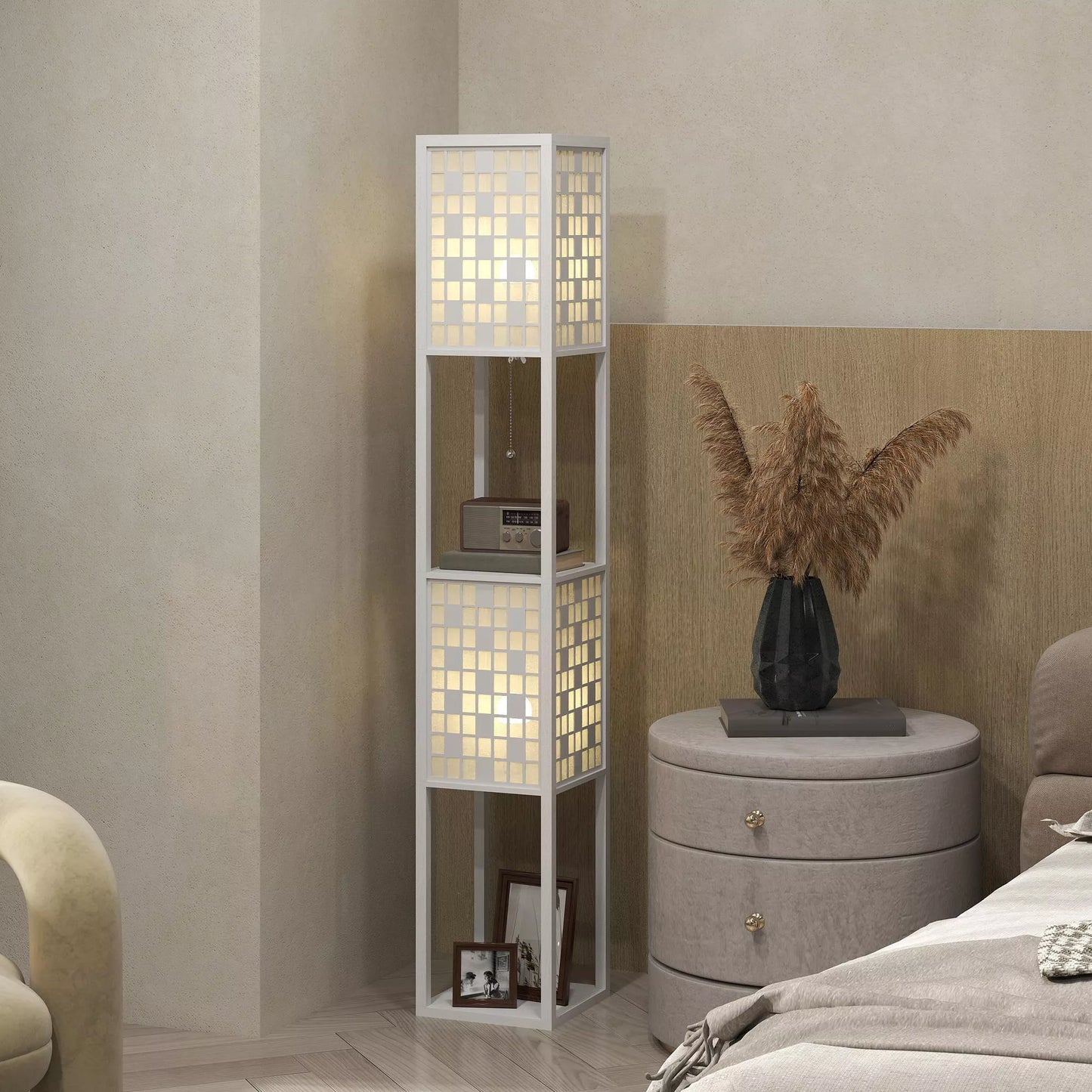 Pastatomas šviestuvas, grotelių raštas, 2 pakopų lentynos, tinka įvairioms lemputėms, balta