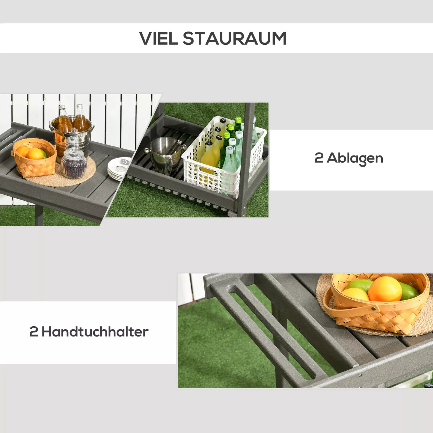 Serviravimo vežimėlis su rankšluosčių laikikliais, 1 apatinė lentyna, 4 ratukai, 87 cm x 50 cm x 80 cm, Tamsiai pilkas