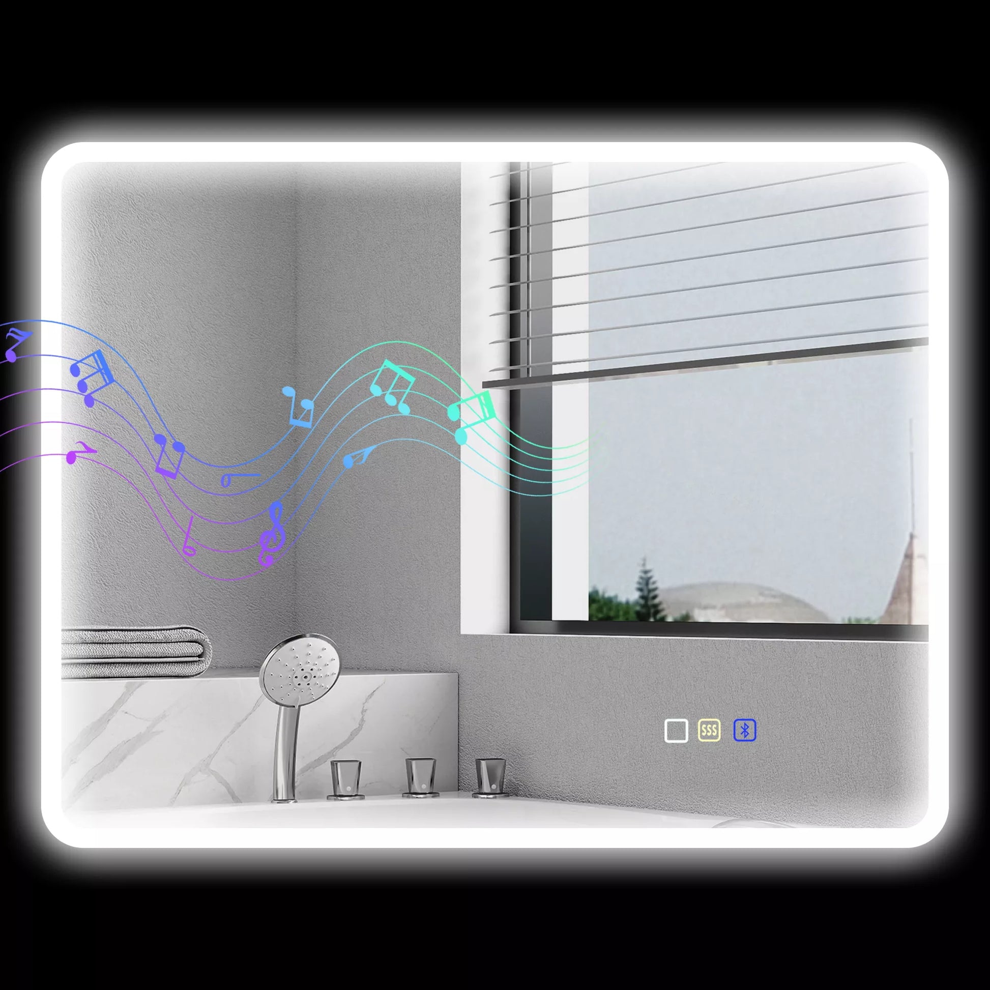 Vonios veidrodis su LED apšvietimu ir Bluetooth 70 x 90 cm, su lietimui jautriu jungikliu, reguliuojama 3 spalvų temperatūra, apsaugantis nuo rasojimo, su atminties funkcija, sidabrinis