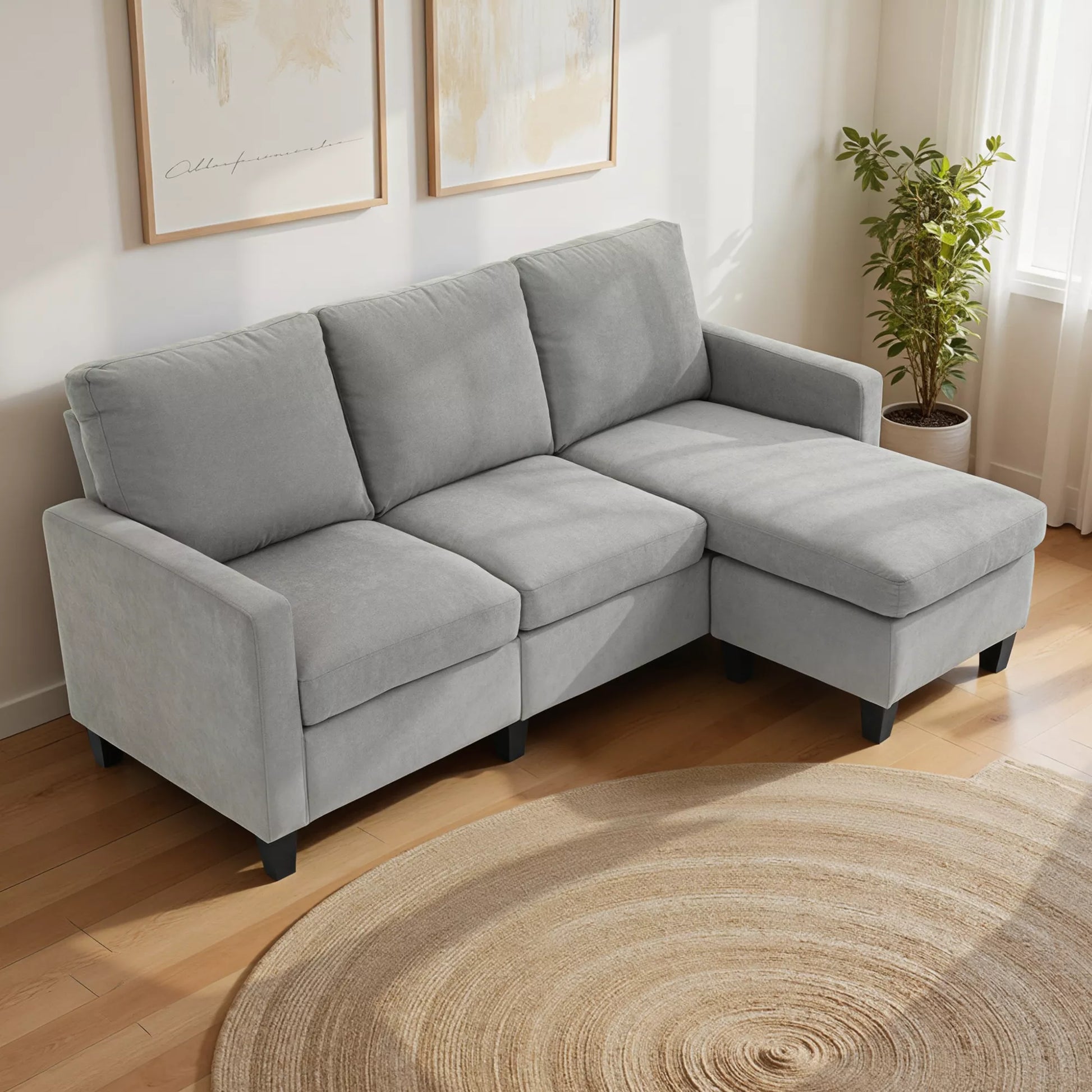 Kampinė sofa, 3 vietų sofa su patalynės dėže ir pagalvėlėmis, L formos kampas, audinio apmušalas, pilka