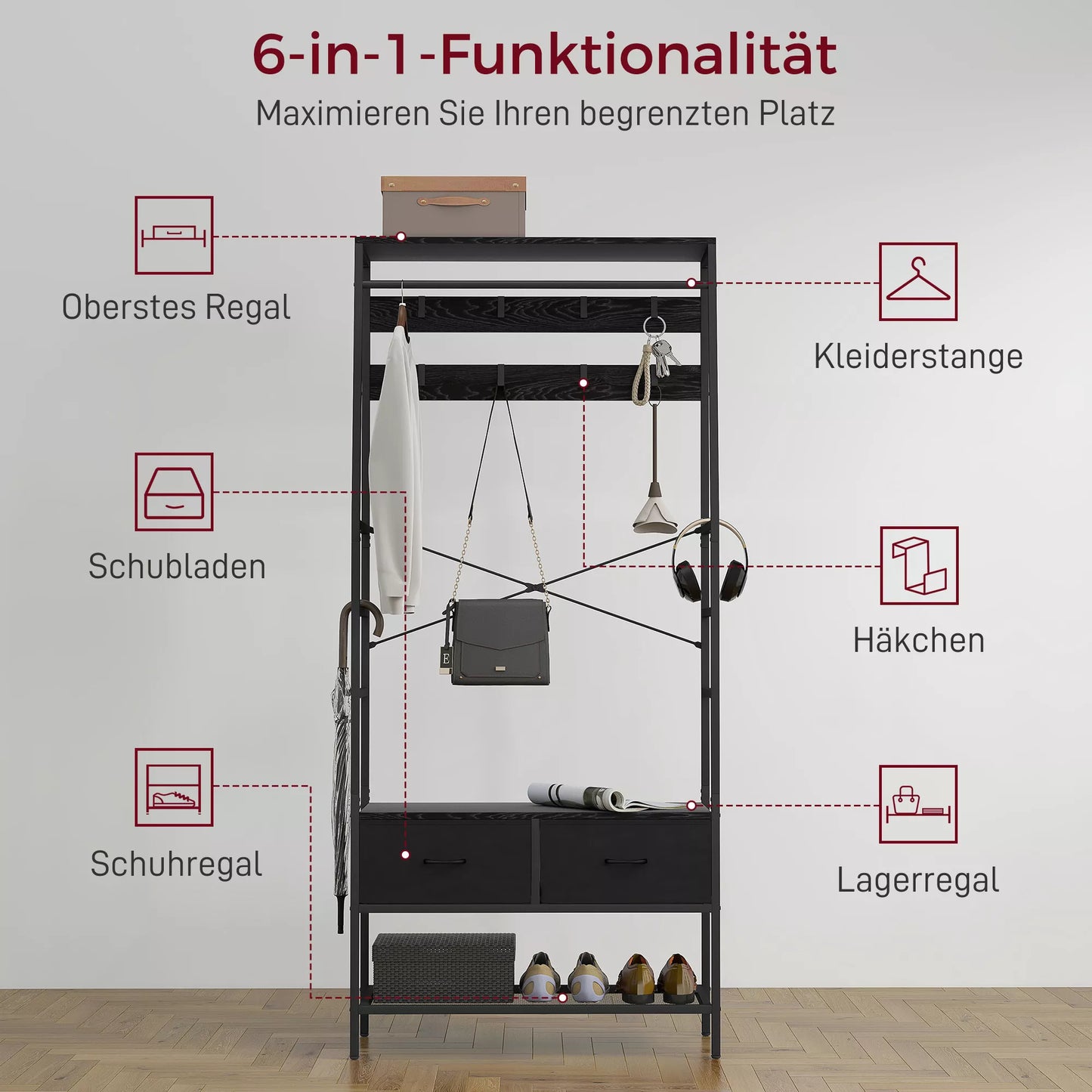 Drabužių kabykla su batų lentyna, drabužių stovas industrinio dizaino, 2 audinio stalčiai, 8 kabliukai, metalinis rėmas, juoda