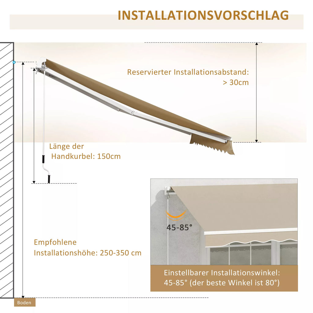 Schema su markizės montavimo kampu 45–85°
