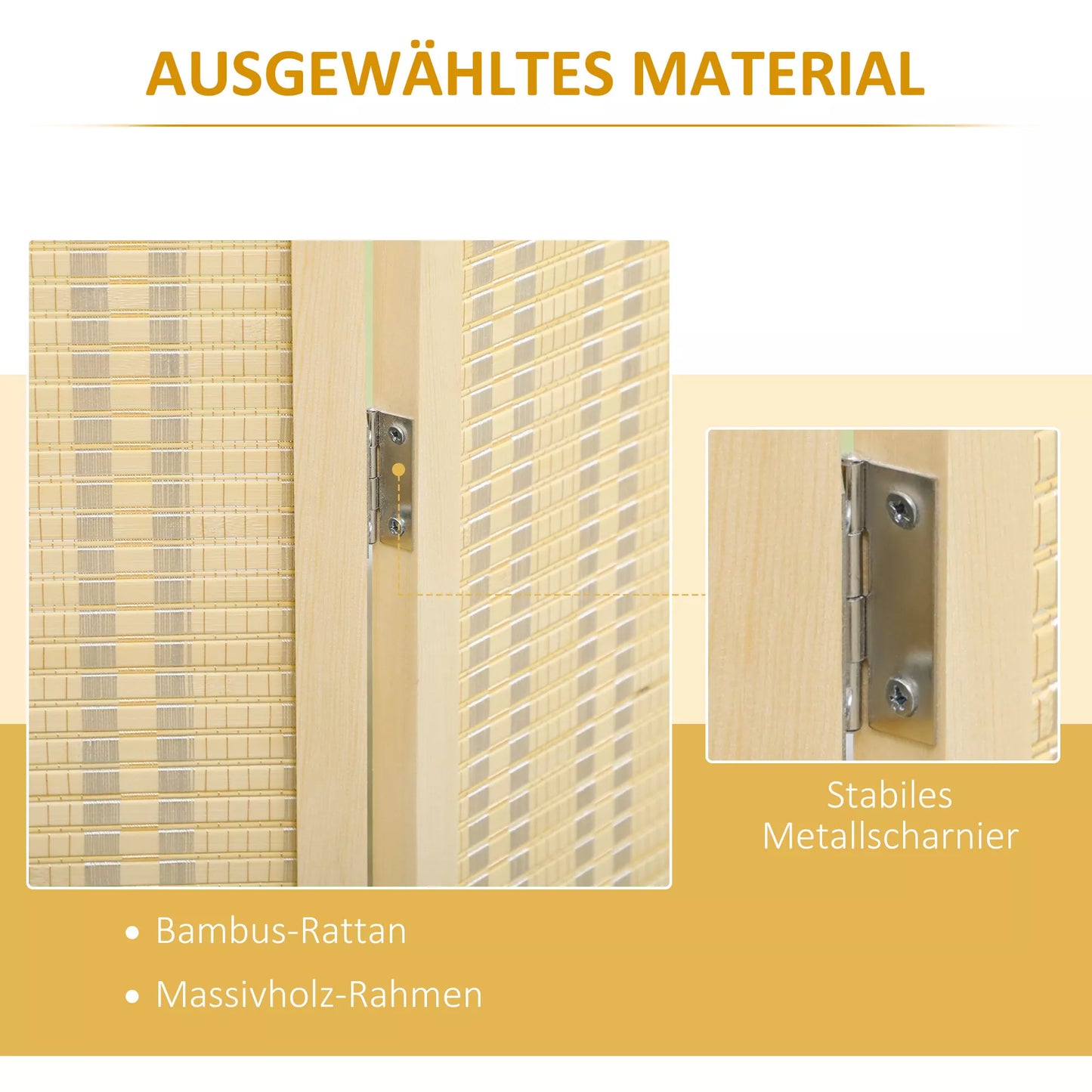 4 dalių sulankstoma kambario pertvara 180 x 180 cm, pagaminta iš bambuko ir medvilnės, natūralios spalvos, skirta svetainei, miegamajam