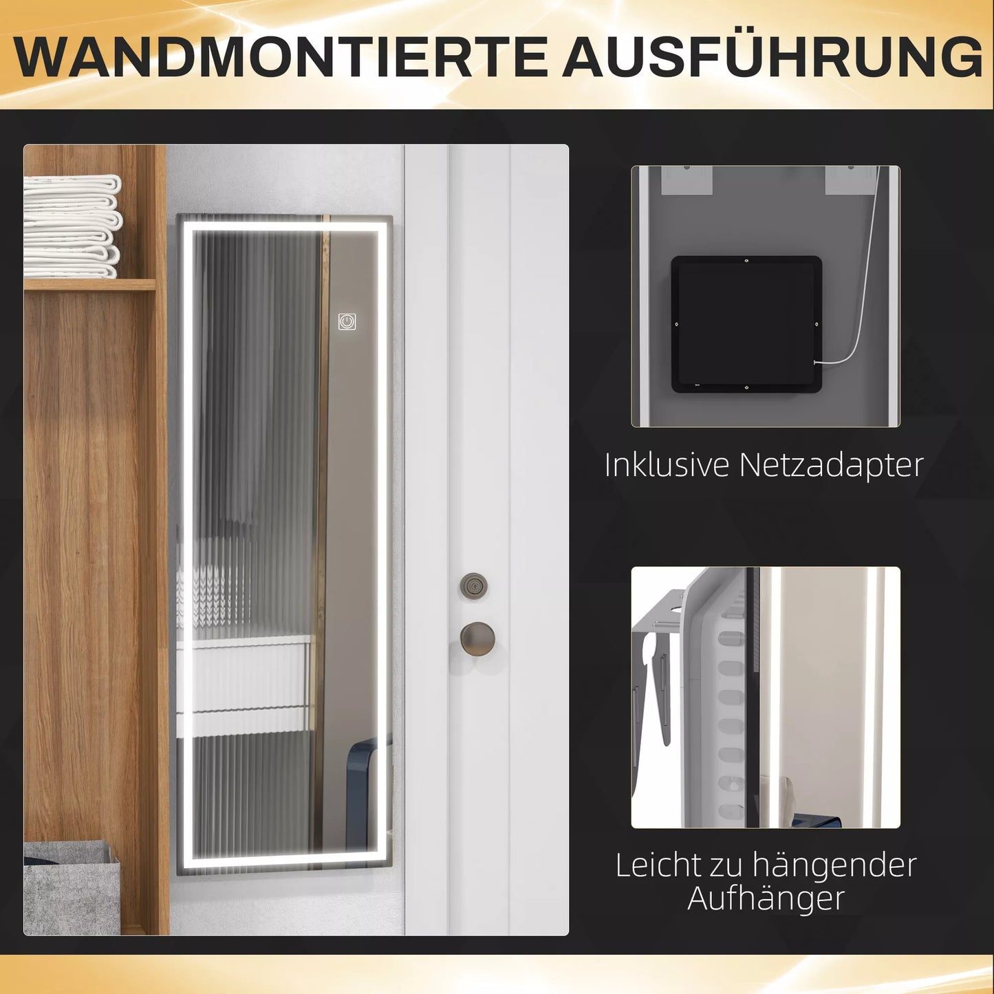 Viso kūno veidrodis su LED, reguliuojamo ryškumo, jutikliniu sensoriu, atminties funkcija, sidabrinis, 40x120 cm