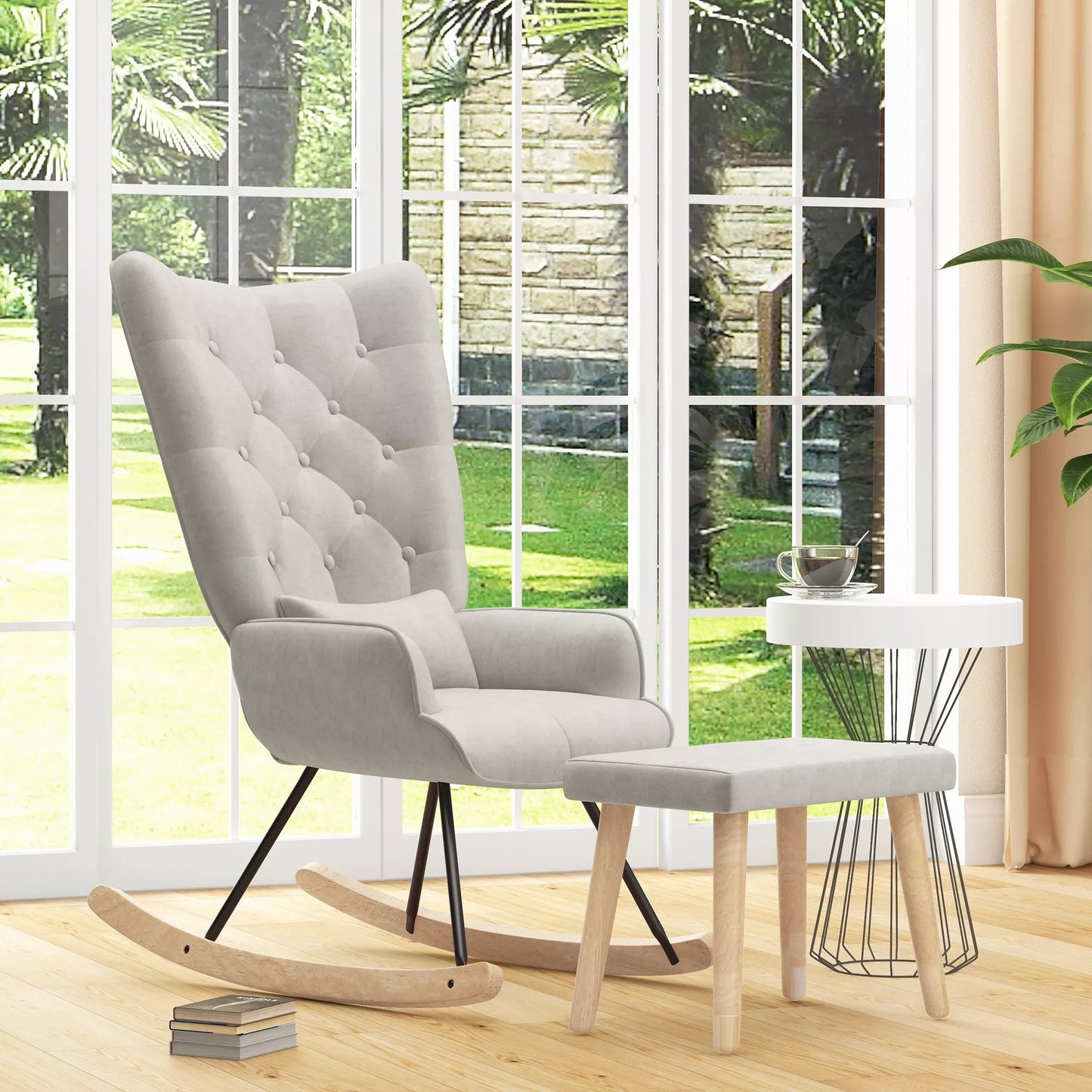 Supamas krėslas su pakoja, minkštas, su aukštu atlošu, aksomo išvaizda, iki 150 kg, kreminės baltos spalvos