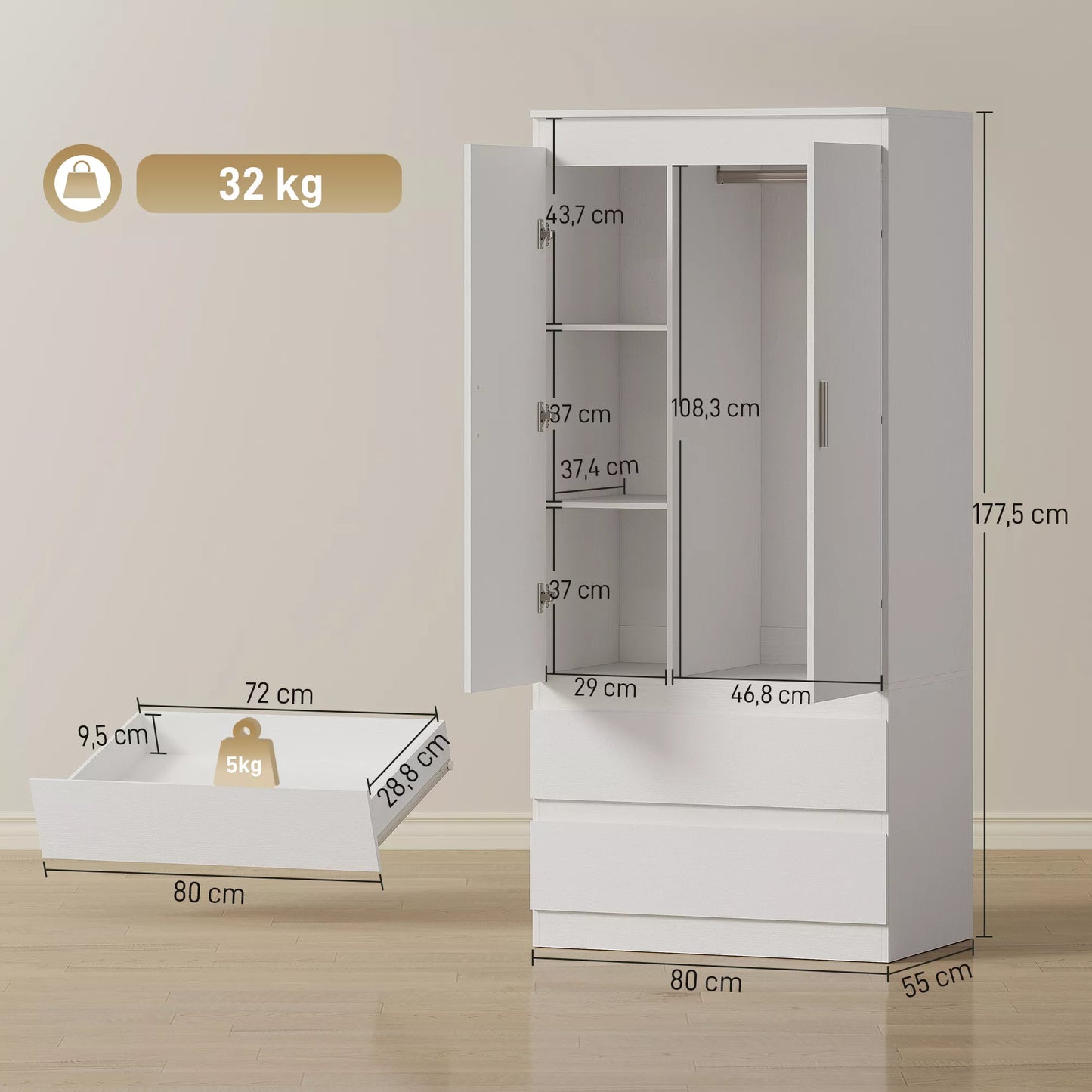 Miegamojo drabužinė su 2 durimis, 2 stalčiais, 3 skyreliais, mediena, balta