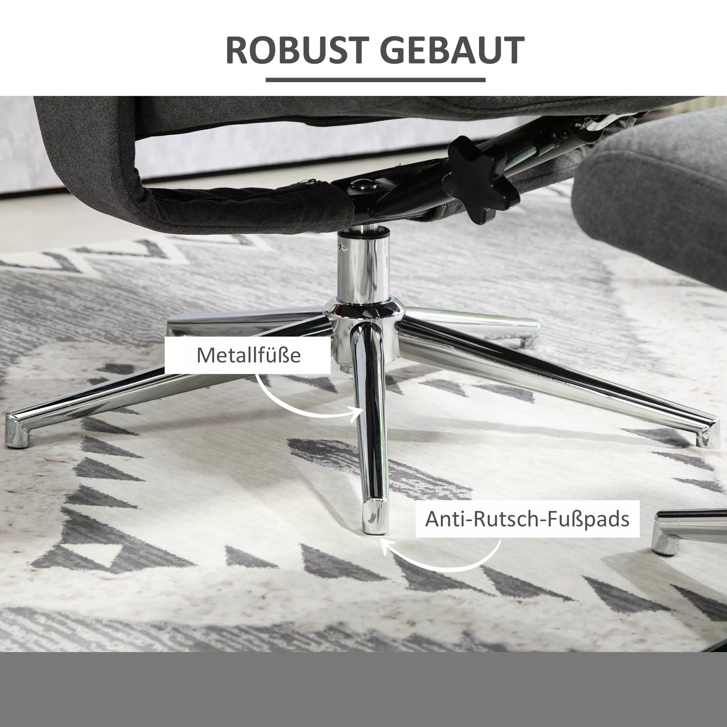 Poilsio krėslas su pakoja, reguliuojama nugaros atrama, velveto išvaizda, iki 150 kg, tamsiai pilkos spalvos