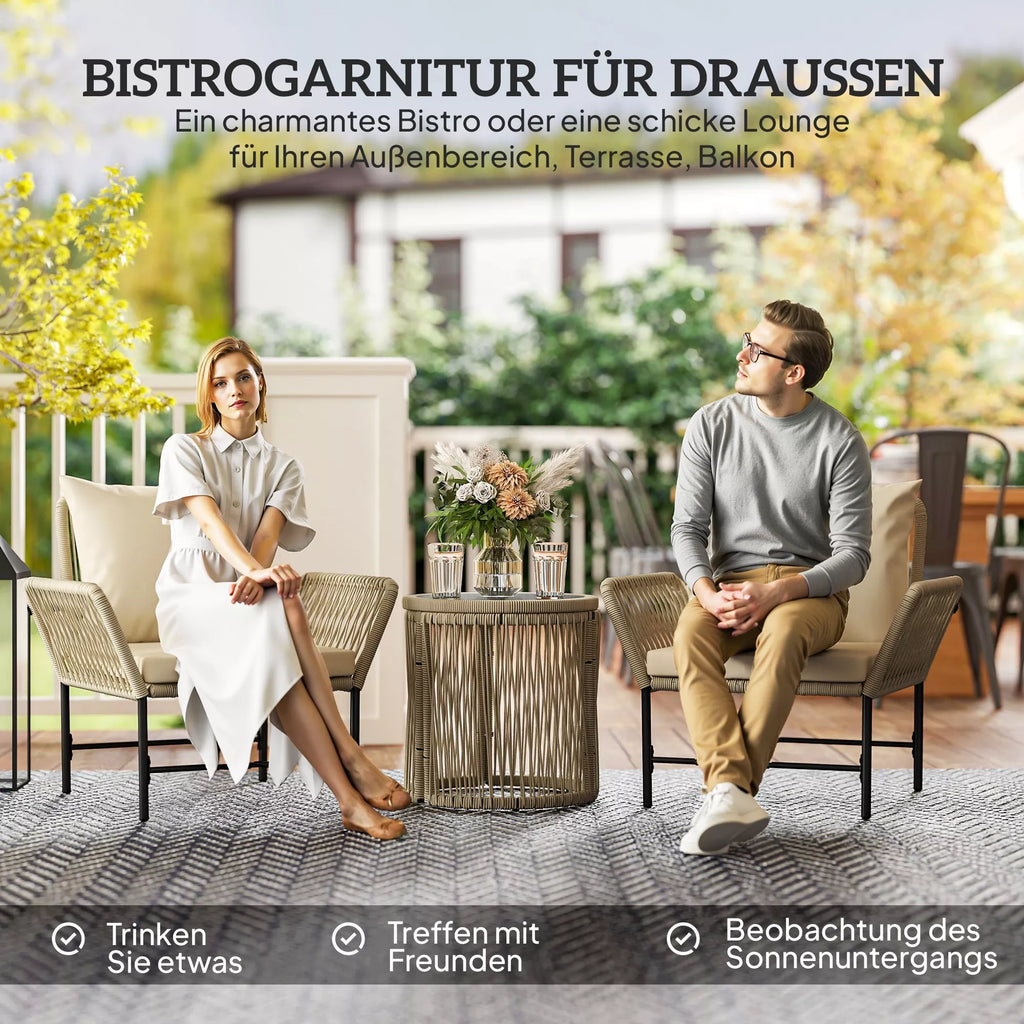 Polyrattan sodo baldų komplektas, lauko balkono baldai 2 asmenims, 3 dalys su 2 kėdėmis, pagalbinis stalas, sėdimoji pagalvėlė