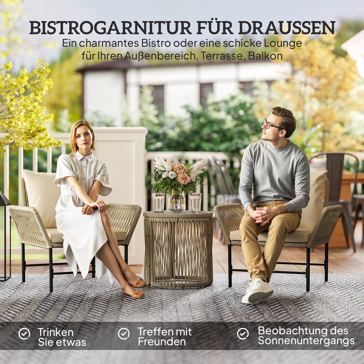 Poliratanas Sodo baldų komplektas, Lauko balkonų baldai 2 asmenims, 3 dalių su 2 kėdėmis, staliuku ir sėdimomis pagalvėlėmis