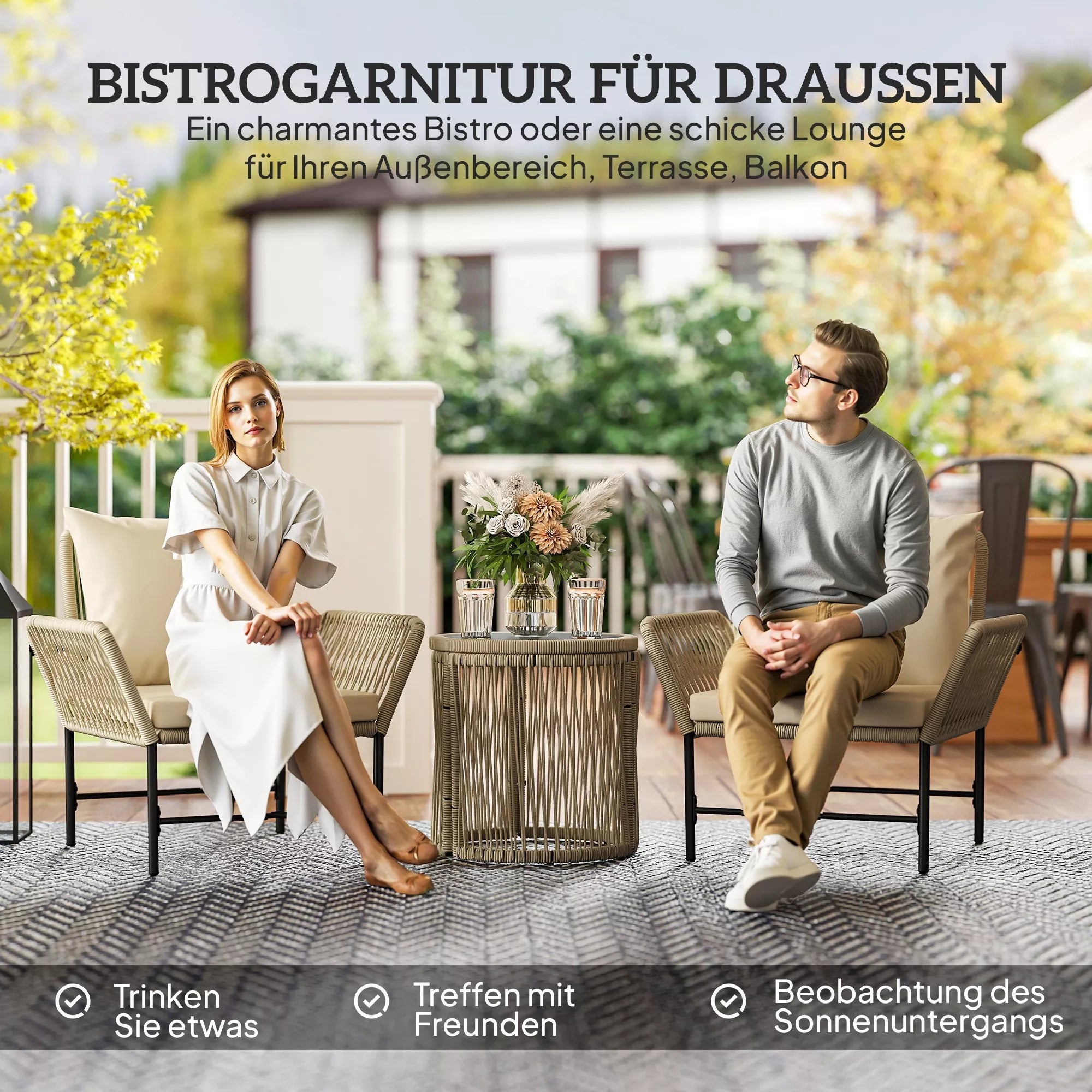 Polyrattan sodo baldų komplektas, lauko balkono baldai 2 asmenims, 3 dalys su 2 kėdėmis, pagalbinis stalas, sėdimoji pagalvėlė