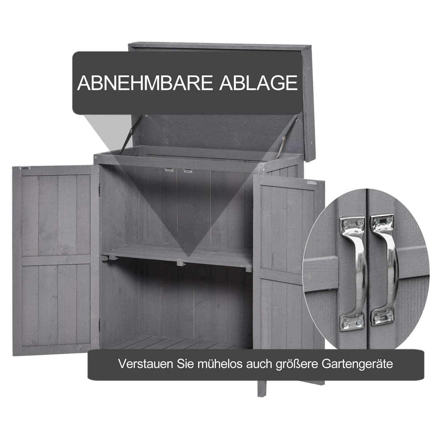 Sandėliavimo spintelė, dvigubos durys, pakeliamas dangtis, 2 lentynos, atsparus oro sąlygoms, natūralaus medžio, pilka, 74 x 43 x 88cm