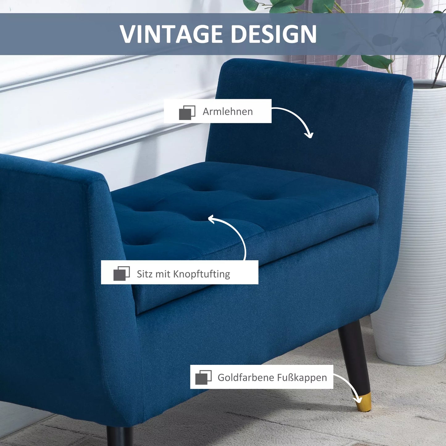 Sėdimoji daiktadėžė su porankiais ir aksomo išvaizda, su medinėmis kojelėmis, skirta svetainei, miegamajam, koridoriui, 107 x 42 x 65 cm, Mėlyna