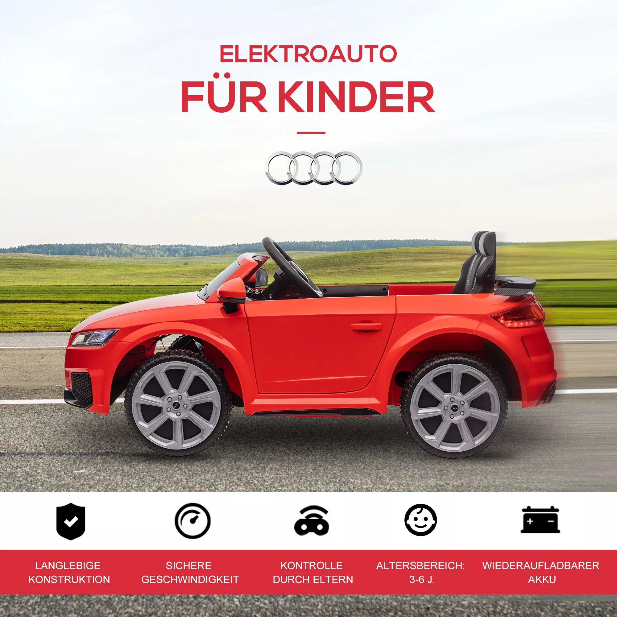 „Audi“ vaikų elektrinis automobilis 12 V su 2,4 G nuotolinio valdymo pultu, muzika, signaline, elektrine transporto priemone su LED lempute, USB/MP3 jungtimi, atbulinės eigos funkcija, skirta 3–5 metų vaikams, raudonos spalvos