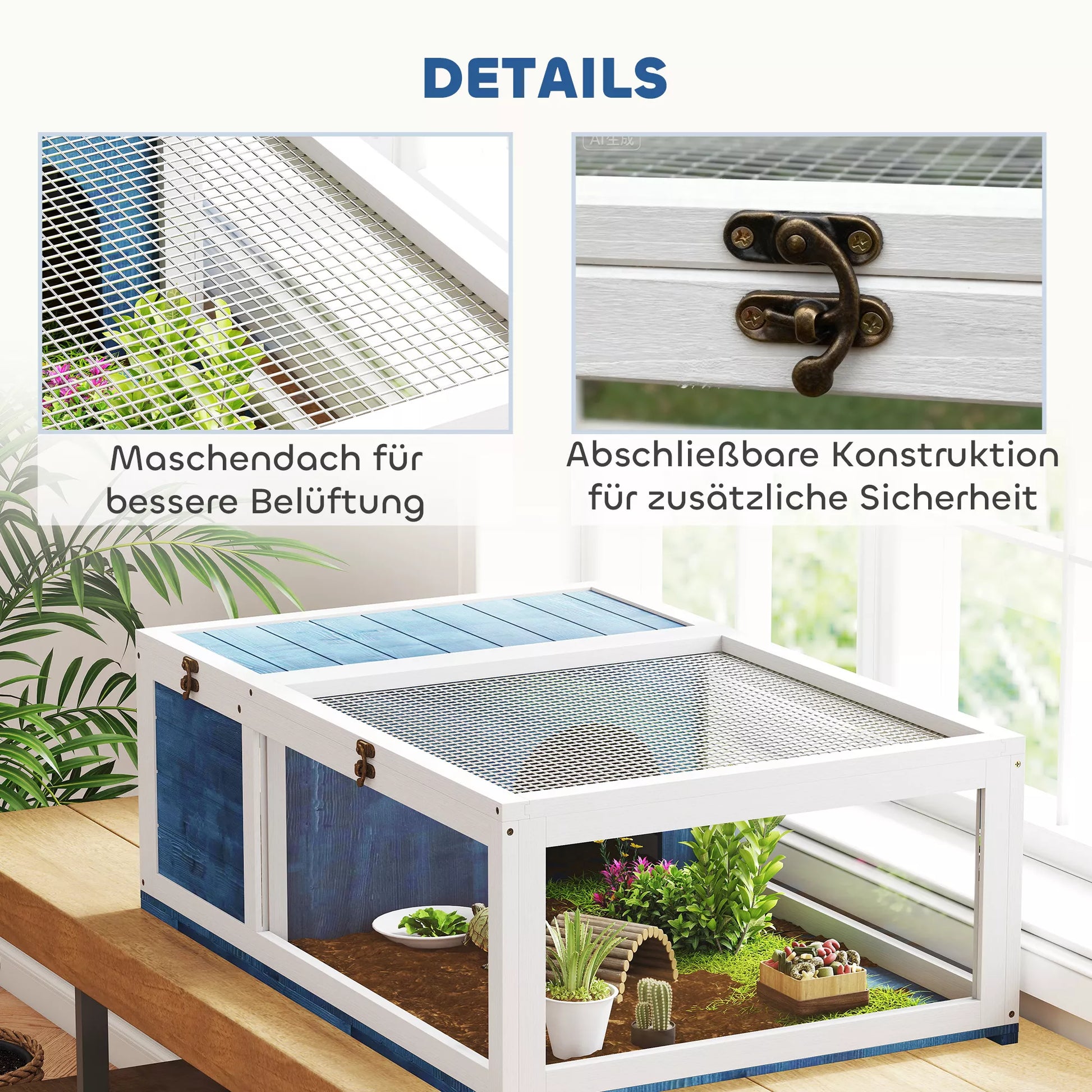 Medinis vėžlių namelis Vėžlių aptvaras su pagrindiniais nameliais, atverčiamu viršumi, 91x60,5x32 cm, mėlynas