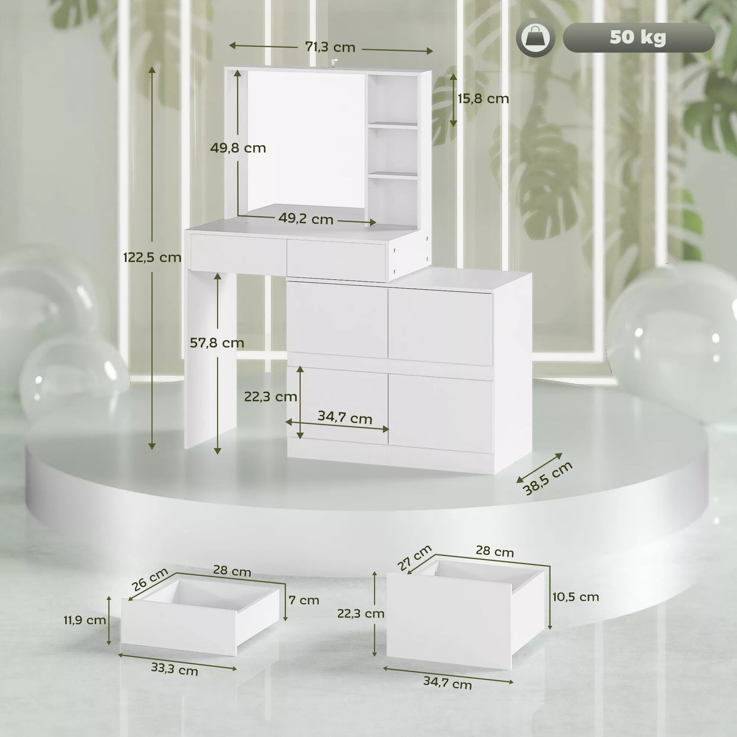 Kosmetinis staliukas, makiažo staliukas su dideliu veidrodžiu, 4 stalčiais, 3 atviromis lentynomis, 2 spintelėmis, MDF, baltas
