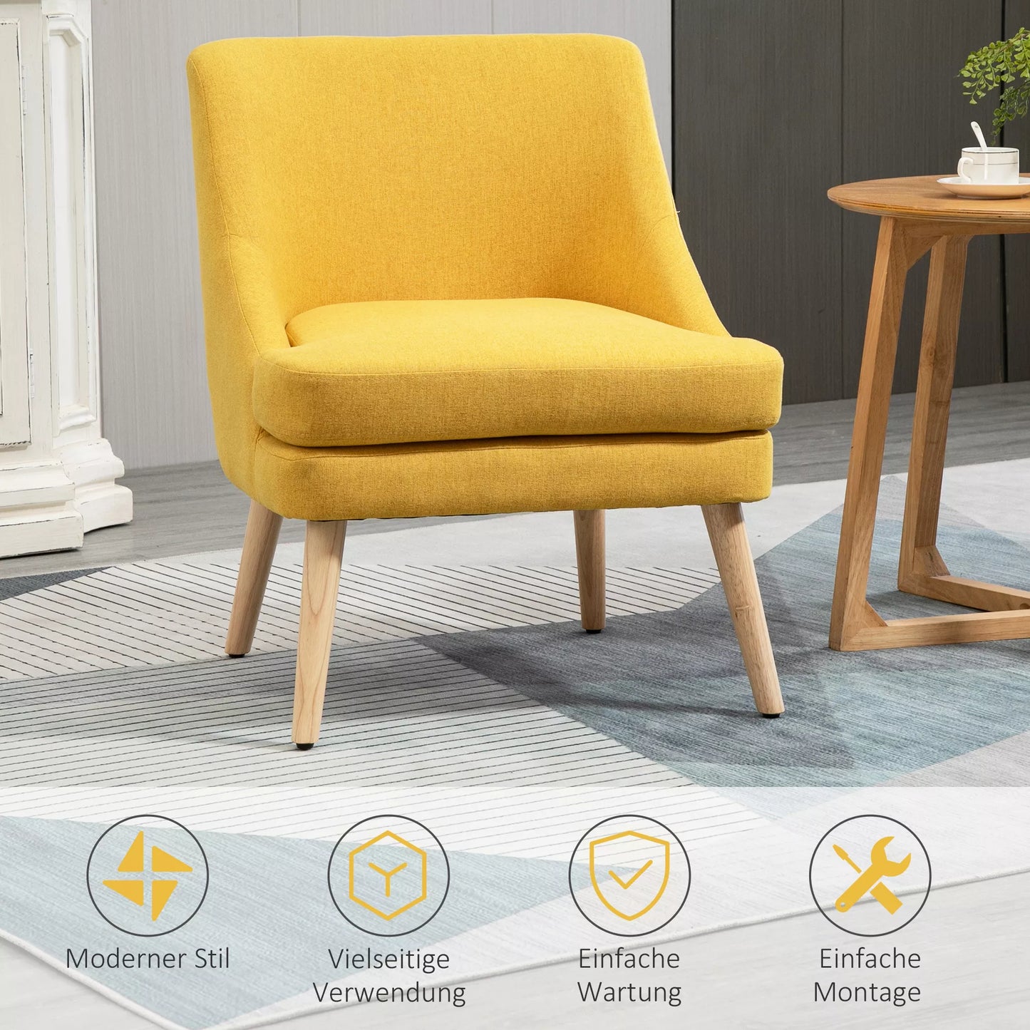 Minkštasuolis suolinis krėslas su linine išvaizda, porankiais, paminkštintas relaksacinis krėslas su medinėmis kojomis, skirtas svetainei, miegamajam, geltonas