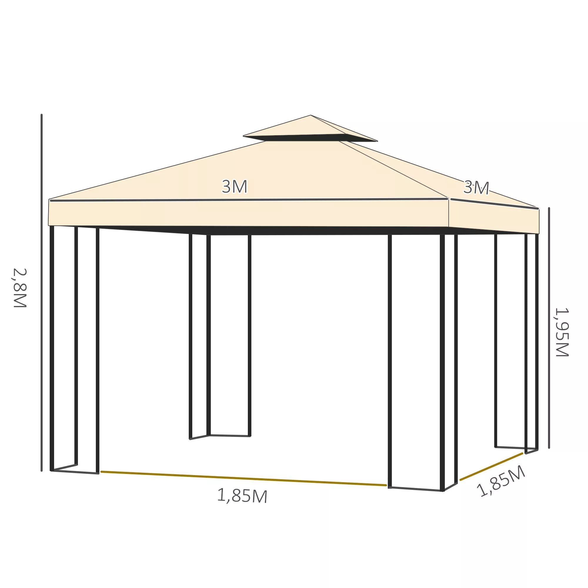 Prabangus paviljonas 3x3 m Sodo paviljonas su dvigubu stogu Šventinis palapinė su šoniniais elementais Šventinė palapinė Sodo palapinė Pagoda, smėlio spalvos