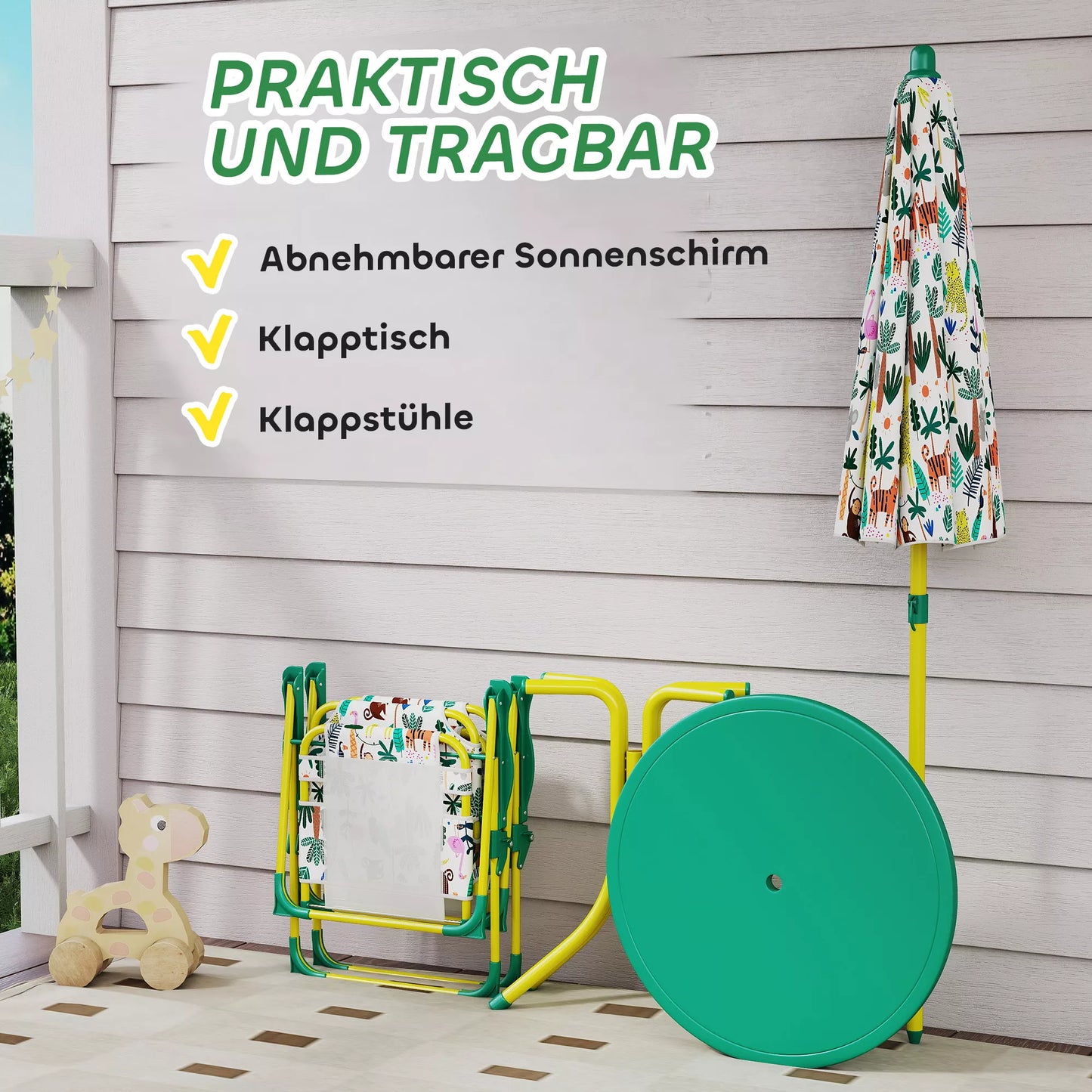 Vaikiškų baldų komplektas, 4 dalių baldų rinkinys su nuimamu skėčiu nuo saulės ir 2 sulankstomomis kėdėmis, plienas ir tekstilė bei plastikas, žalia